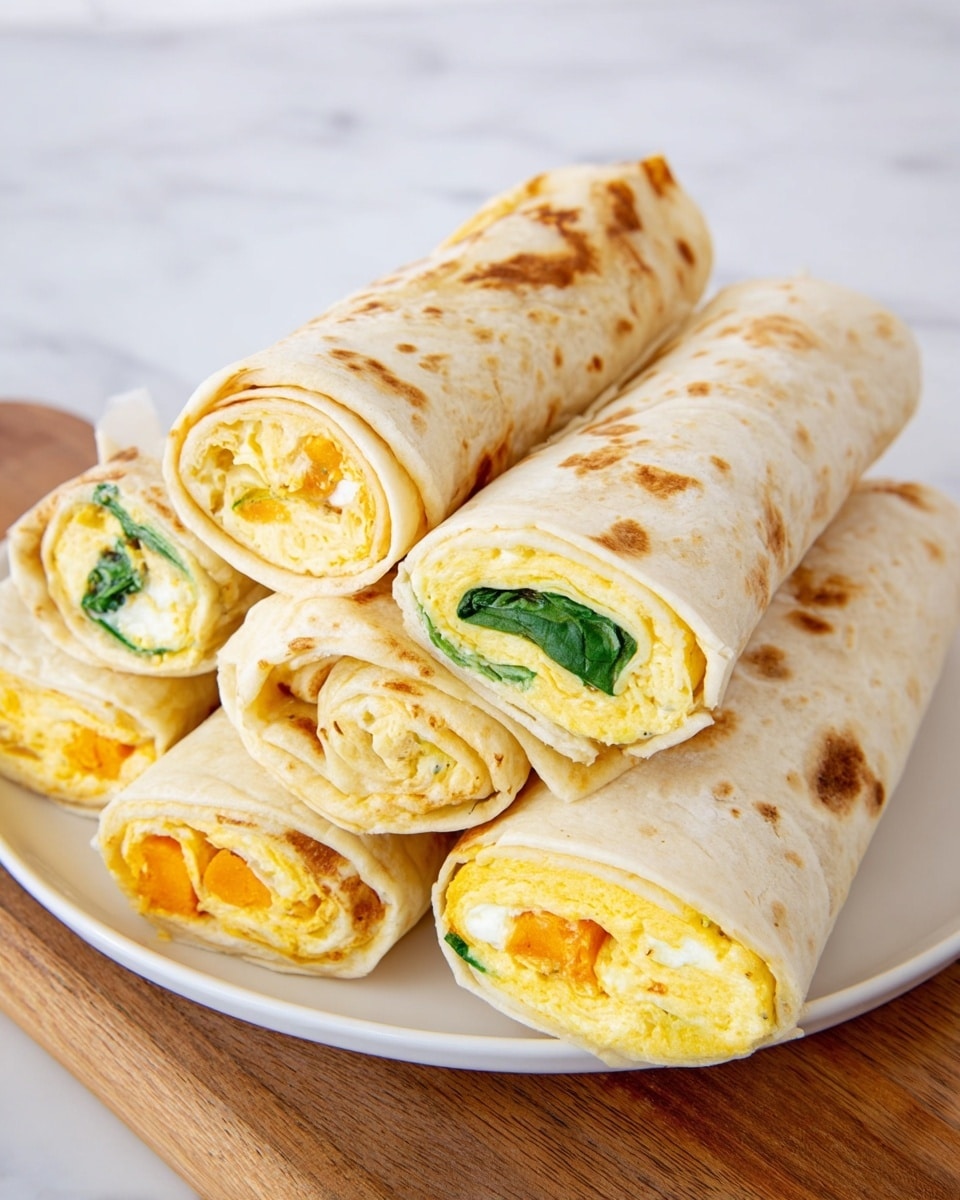 A white plate sits on a wooden board atop a white marbled surface, filled with six rolled tortillas. Each tortilla shows two to three inner layers: a soft, thin, pale yellow egg layer with slight browning, combined with fillings inside. Some wraps contain bright orange chunks with creamy white cheese and green spinach leaves layered in between, while others have just the folded egg layer with tortillas. The tortillas themselves are light beige with small, darker spots from cooking. The wraps are arranged closely together, showcasing varied textures and colors within each roll. photo taken with an iphone --ar 4:5 --v 7