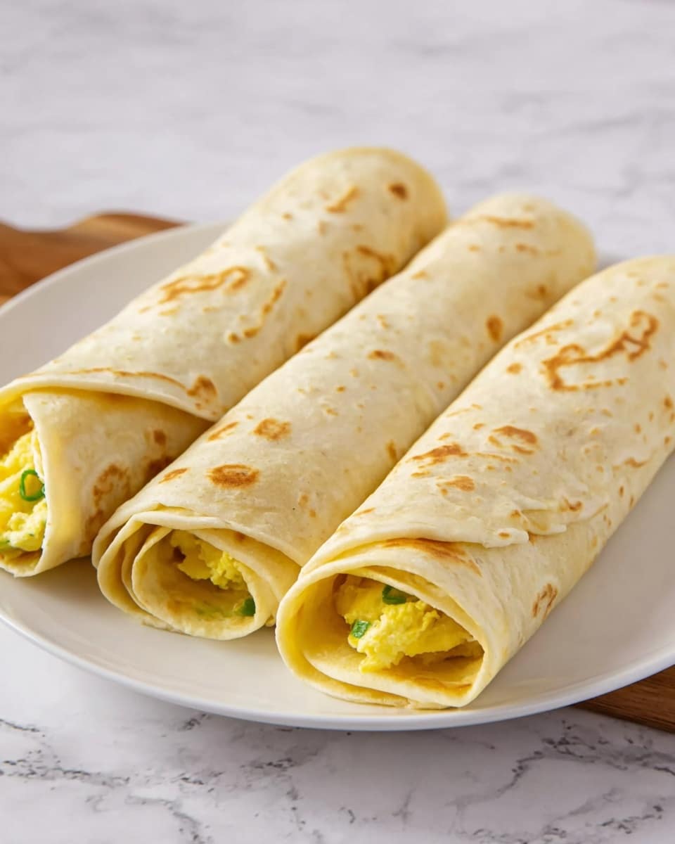 The image shows three rolled wraps placed side by side on a white plate, each wrap made with a light beige tortilla that has small brown spots. The wraps are smooth and tightly rolled, with the filling inside slightly visible on the nearest wrap, revealing a yellow scrambled egg mixture with hints of green herbs or vegetables. The plate sits on a white marbled surface which adds a clean and soft background to the presentation. Photo taken with an iphone --ar 4:5 --v 7