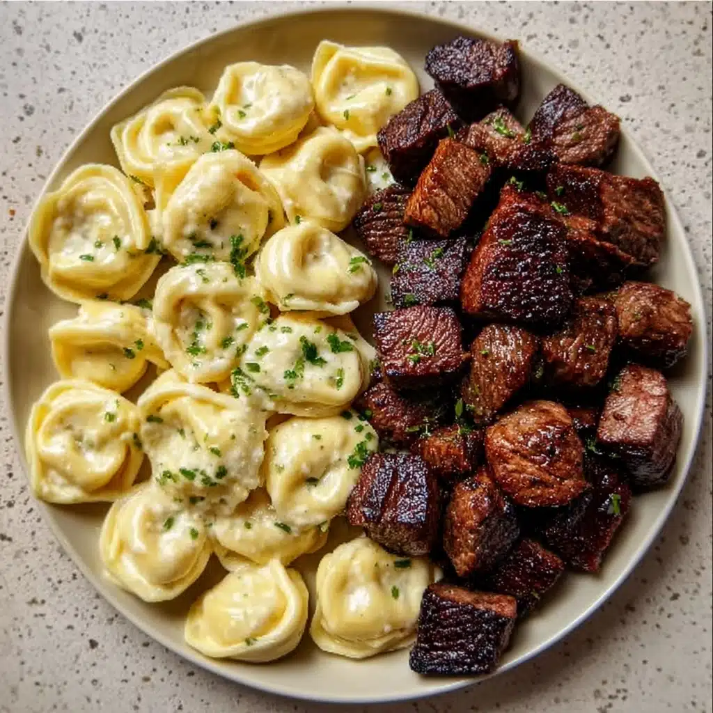 Garlic Butter Steak with Cheesy Alfredo Tortellini Recipe - Recipe Image