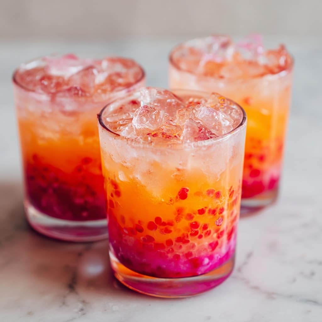 The image shows a close-up of three clear glasses filled with Christmas Morning Punch, each glass containing a layered drink starting with a reddish cranberry juice at the bottom, smoothly blending into an orange-yellow mix of orange and pineapple juices in the middle, and topped with a light, bubbly layer of ginger ale and ice cubes on top. The punch has a slightly thick texture with tiny bits of cranberry visible throughout. The glasses are placed on a white marbled surface with scattered whole cranberries around them. The background is softly blurred, focusing the attention on the rich, warm colors of the punch in the glasses. Photo taken with an iphone --ar 4:5 --v 7