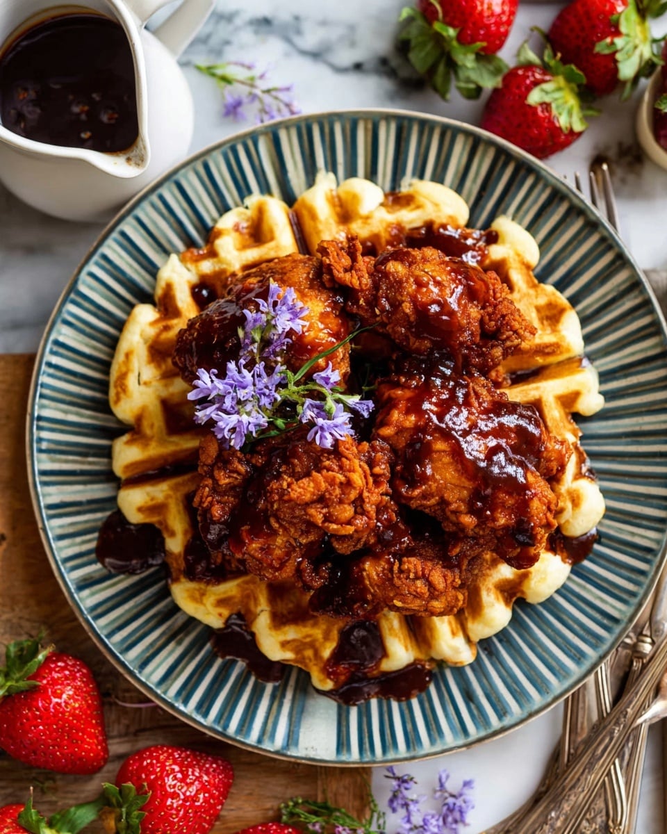 A round white plate with dark blue stripes holds a stack of golden waffles arranged in a square pattern as the base layer. On top, there are three big pieces of crispy fried chicken covered with a thick, shiny dark brown sauce. Small purple flowers are placed on the chicken, adding a delicate touch. Around the plate, there are fresh red strawberries and vintage silver forks on a white marbled surface. A white small pitcher with more dark sauce is visible at the top left. photo taken with an iphone --ar 4:5 --v 7