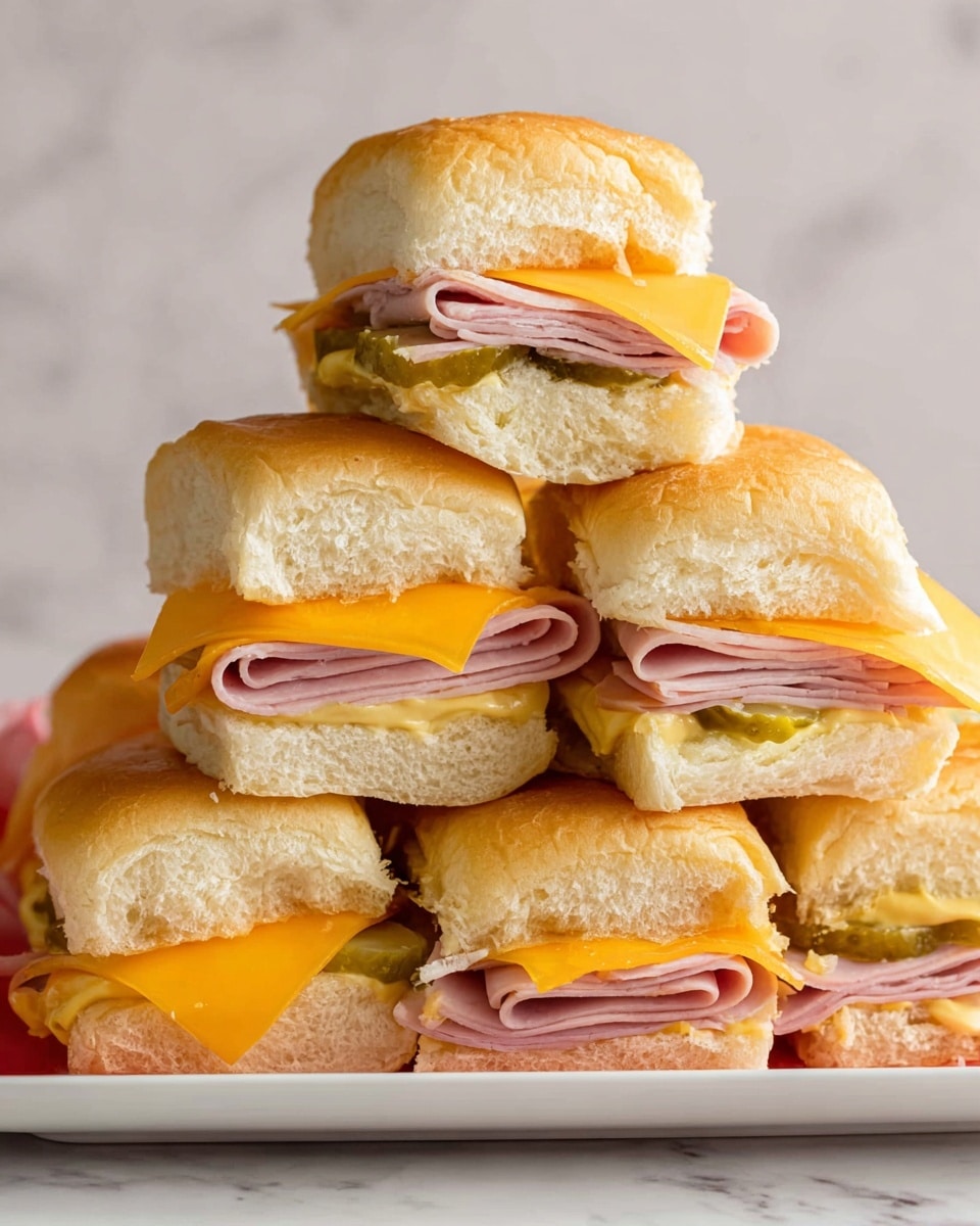 A close-up view of a small sandwich held by a woman's hand, showing three layers inside: a soft white bun on top, followed by a layer of orange cheddar cheese, thin slices of pink ham, and a spread of yellow mustard on the bottom white bun. Behind the sandwich, more similar sandwiches are seen in a white box, partially covered with a red cloth featuring an orange floral design. The setting is on a wooden surface. photo taken with an iphone --ar 4:5 --v 7