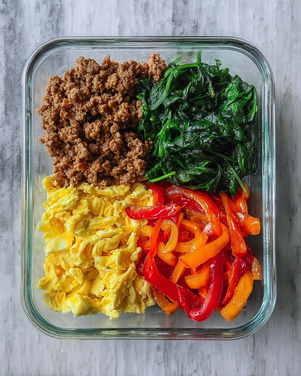 A clear glass rectangular container holds a neatly arranged meal with four layers side by side. On the left, there is a layer of cooked brown ground meat with a crumbly texture. Next to it, toward the center-left, is a fluffy yellow layer of scrambled eggs with soft folds. To the center-right, there is a pile of wilted dark green spinach leaves that look slightly glossy. On the far right, a layer of sautéed sliced red and orange bell peppers adds a bright pop of color with their slightly charred edges. The container is placed on a white marbled texture. photo taken with an iphone --ar 4:5 --v 7