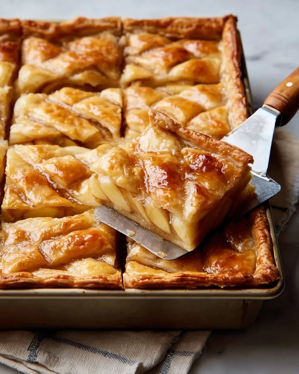 A close-up view of a rectangular apple pie in a metal baking tray, cut into several square slices. The pie has a thick golden-brown crust on the edges and a shiny, baked top layer with a slightly baked lattice or patch style look. The filling underneath shows layers of tender, juicy apple slices in a glossy syrup, visible where one piece is being lifted with a metal spatula with a wooden handle near the front right corner. The baking tray rests on a light cloth over a white marbled surface. photo taken with an iphone --ar 4:5 --v 7