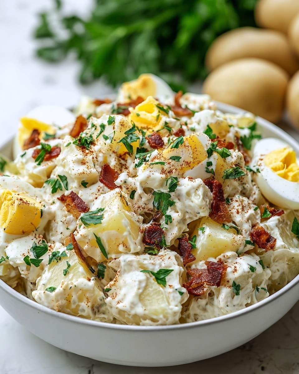 A white bowl filled with creamy potato salad that has about three layers of chunky, soft, pale yellow potato pieces mixed with a smooth white dressing. Scattered on top are small pieces of crispy brown bacon and bright green parsley leaves, adding a pop of color. Visible are halved boiled eggs with bright yellow yolks and firm whites, sitting slightly above the potato mixture. The salad is sprinkled with a light dusting of brown spices that cover the top, enhancing the texture. The bowl sits on a white marbled surface with blurred green parsley and light and dark beige potatoes in the background. Photo taken with an iphone --ar 4:5 --v 7