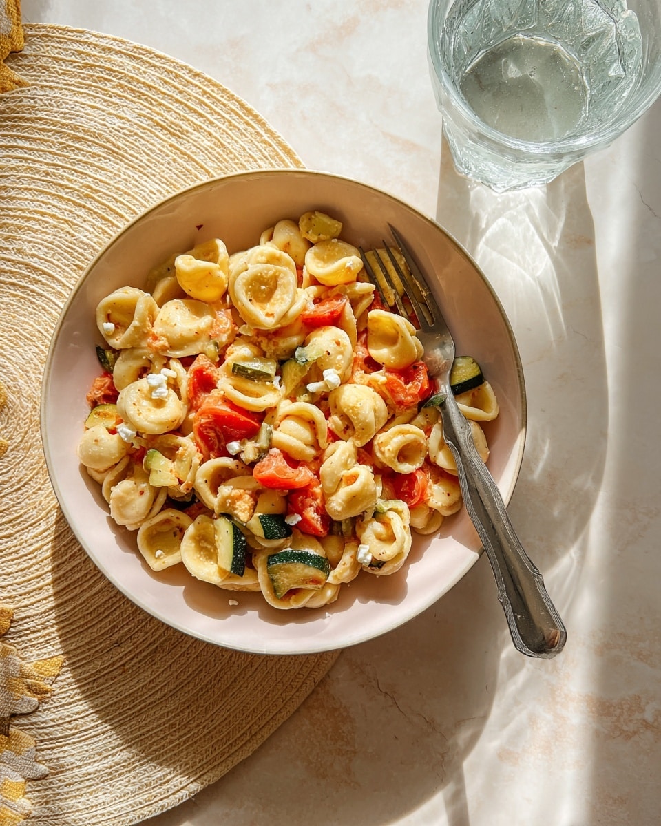 A bowl of orecchiette pasta mixed with pieces of red tomatoes, green zucchini cubes, and small bits of white cheese is shown from above. The pasta is pale yellow with a smooth, slightly shiny texture, and is mixed with bright red tomato chunks and green zucchini pieces that add color contrast. The dish is served in a white bowl with a fork resting on the right side of the bowl. It sits on a white marbled textured surface, with a beige woven mat partially underneath and a clear glass of water beside it. Soft natural light casts gentle shadows around the setup. photo taken with an iphone --ar 4:5 --v 7