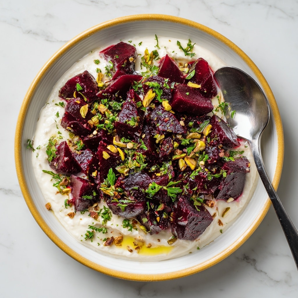 The dish is presented in a grey bowl filled with three main layers. The bottom layer is smooth and creamy white, spread evenly across the bowl. On top of this is a layer of dark red beet chunks cut into small irregular shapes, placed mainly in the center. Scattered over the beets and creamy base are small green pistachio pieces and fresh dill sprigs, adding texture and green color. Around the bowl, a few tiny spots of red seasoning are sprinkled lightly. The bowl sits on a white plate that holds broken pita chips colored lightly golden brown and colorful vegetable sticks with light orange, pale yellow, and purple tones, all arranged around it. The whole setup rests on a white marbled textured surface with a dark purple cloth near the edges. Photo taken with an iphone --ar 4:5 --v 7