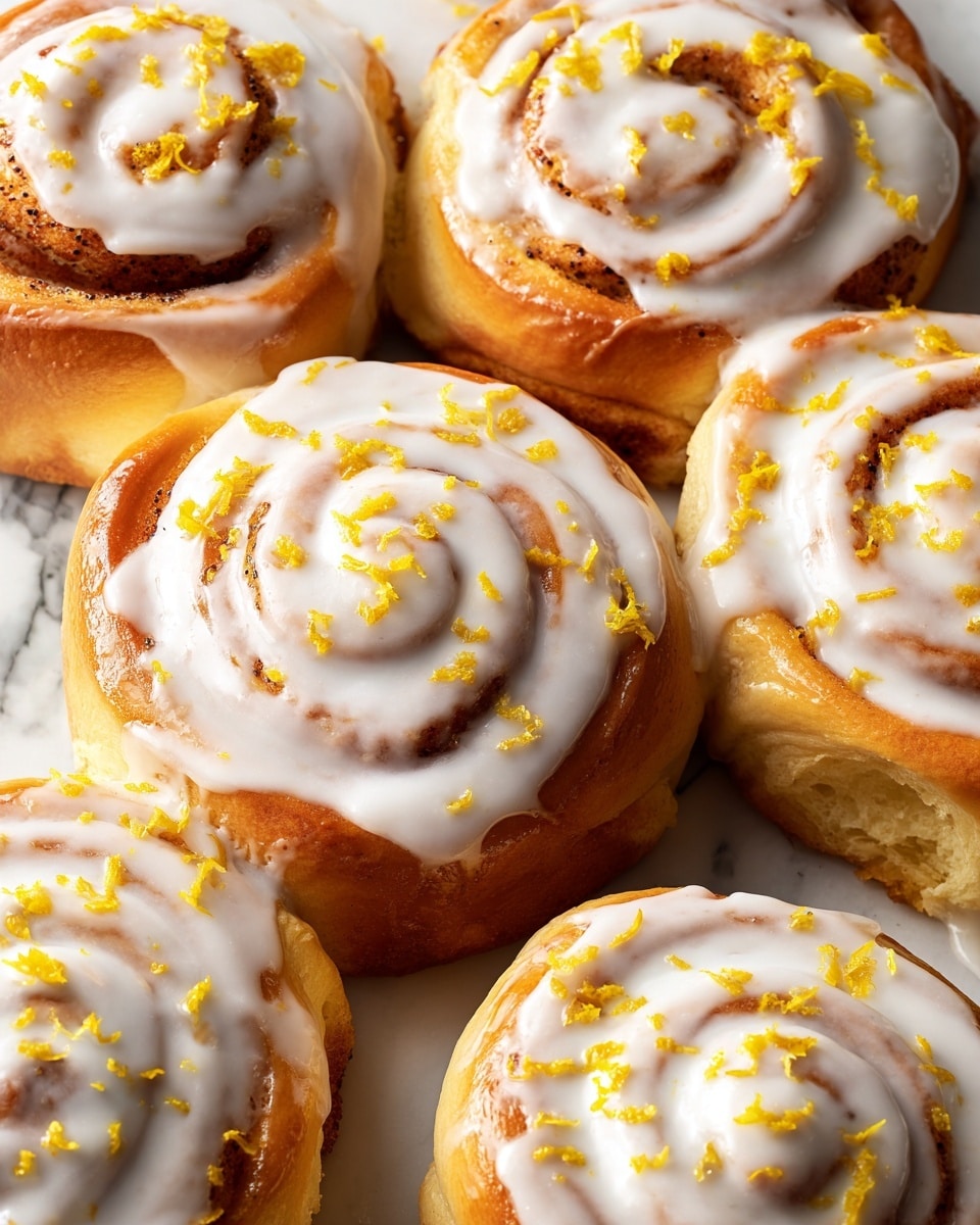 A close-up of a tray filled with golden-brown cinnamon rolls covered in a thick layer of smooth, white icing that drips over the swirls, topped with small bright yellow lemon zest pieces scattered evenly across the rolls. Each cinnamon roll shows its spiral layers of soft dough with visible tiny black poppy seeds inside. The icing adds a creamy texture contrasting with the fluffy, baked dough underneath, all sitting on a white marbled surface. photo taken with an iphone --ar 4:5 --v 7
