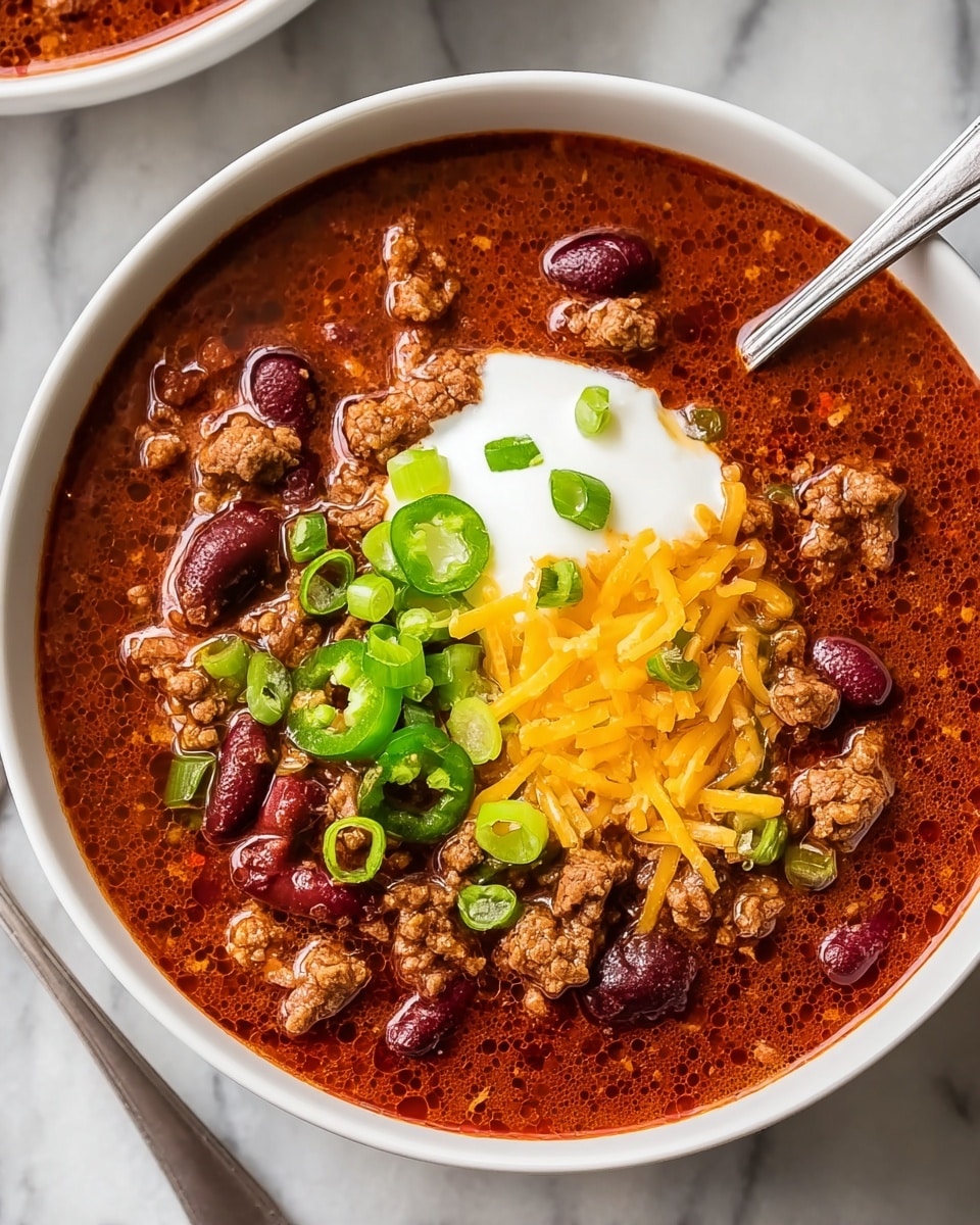 A white bowl filled with a thick red chili base containing crumbled cooked ground meat and whole dark red kidney beans. On top, there is a clear dollop of white sour cream, bright yellow shredded cheddar cheese piled high, and green sliced jalapeños scattered, along with small green chopped spring onions. The soup looks rich and oily with visible glistening spots of red oil on the surface, sitting on a white marbled texture with a silver spoon nearby. photo taken with an iphone --ar 4:5 --v 7
