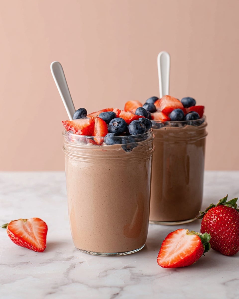 Two clear glass jars filled with a thick, light brown smoothie layer are topped with a colorful mix of fresh strawberry slices and whole blueberries, creating a vibrant contrast on top. Each jar has a smooth white spoon placed inside. The jars sit on a white marbled surface, with a few fresh strawberries, some halved, in the foreground. The background is a plain soft pink, making the colors of the fruit and smoothie pop. photo taken with an iphone --ar 4:5 --v 7