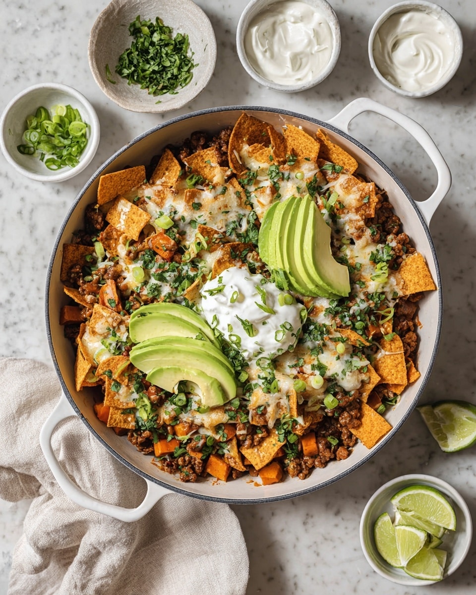 A white pan filled with a layered dish starting with a base of cooked ground beef mixed with diced orange sweet potatoes. On top of this are scattered triangular crispy chips, covered evenly with melted white cheese. There are slices of fresh green avocado placed in groups around the pan, with a dollop of white sour cream garnished with chopped green herbs in the center. Fresh green chopped scallions and finely chopped green herbs are sprinkled all over the dish. Around the pan on a white marbled surface, there are small white bowls holding sour cream, chopped scallions, and lime wedges. A light beige cloth is placed to the lower right of the pan. photo taken with an iphone --ar 4:5 --v 7