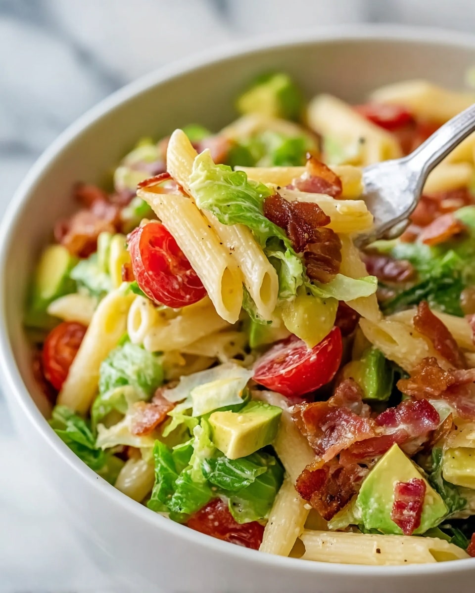 A white bowl filled with three layers of food: the bottom layer is light green leafy lettuce, the middle layer is creamy white penne pasta, and the top layer includes bright red cherry tomato halves, small green avocado chunks, and crispy brown bacon pieces scattered evenly on top. The dish is lightly sprinkled with black pepper and chopped green herbs. In the background, there is a cut avocado and some loose cherry tomatoes on a white marbled surface. photo taken with an iphone --ar 4:5 --v 7