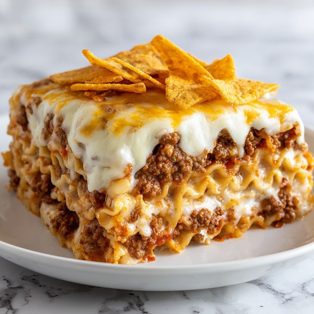 The image shows a close-up of a cheesy nacho dish being lifted with a metal spatula over a white plate on a white marbled surface. The dish has three main layers: the bottom layer is crunchy, golden-yellow tortilla chips, the middle layer features browned ground meat with a rich, crumbly texture, and the top layer is covered in melted cheese that is golden and bubbly with stretchy, gooey strands pulling up from the plate. Light shines on the cheese, making it look shiny and appetizing. Photo taken with an iphone --ar 4:5 --v 7