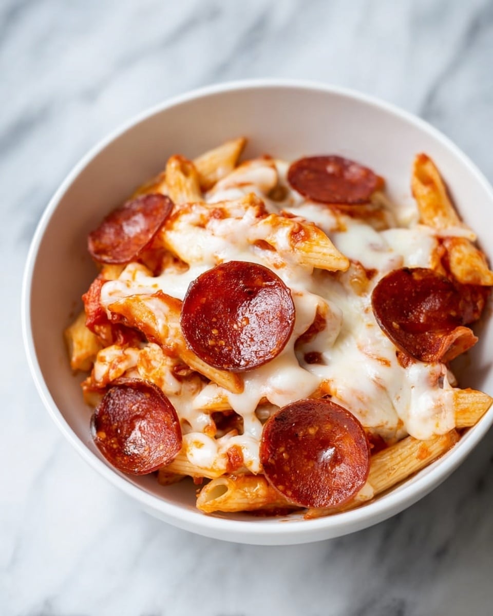 A white bowl filled with baked penne pasta covered in melted white cheese that stretches over the pasta, mixed with a rich red tomato sauce. On top, several round slices of dark red pepperoni are scattered, showing a slightly crispy texture. The pasta pieces are layered unevenly with cheese and sauce in between, all resting in the bowl placed on a white marbled surface. photo taken with an iphone --ar 4:5 --v 7