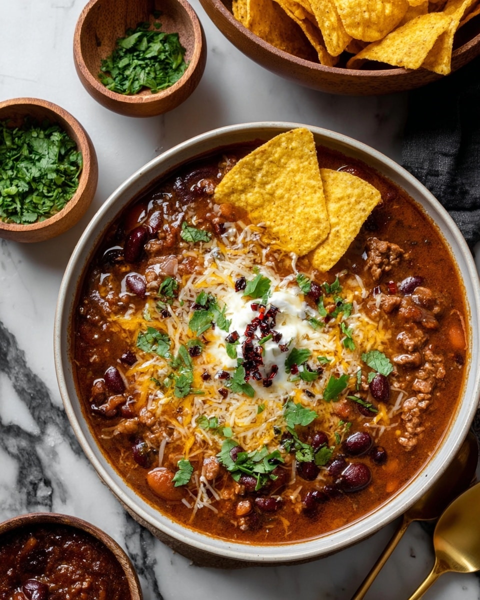 In the white bowl, a rich brown soup with visible kidney beans and bits of ground meat is topped with melted shredded cheddar and white cheese in the center. Bright green chopped cilantro is sprinkled across the top along with small dark red chili pieces. Two yellow, crispy tortilla chips rest on the edge of the bowl. Surrounding the bowl on a white marbled surface are a small wooden bowl of chopped green herbs, a small wooden bowl of dark red chili sauce, a large wooden bowl filled with more tortilla chips, and a gold soup spoon. photo taken with an iphone --ar 4:5 --v 7