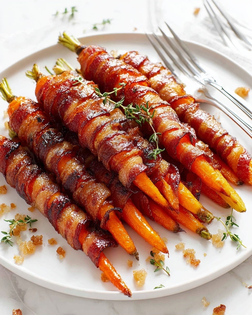 The image shows several small orange carrot sticks wrapped tightly with bacon strips, laid on a black grill rack. The bacon is cooked to a crispy shine with a reddish-brown glaze, and a red brush is applying a shiny glaze over the bacon on one carrot bundle. The bacon's texture is slightly crispy with some darker edges, while the carrots look tender and bright orange. The grill rack bars create dark lines under the glossy bacon-wrapped carrots. photo taken with an iphone --ar 4:5 --v 7