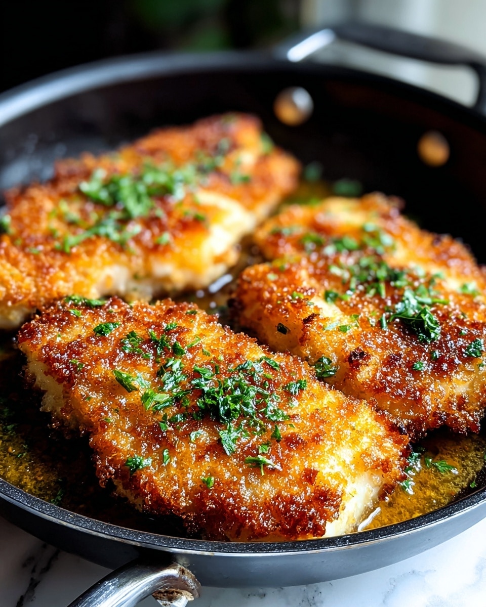The image shows three pieces of golden-brown fried fish in a black pan. Each piece has a crispy, crunchy crust with some darker brown spots and a sprinkle of bright green chopped herbs on top. The fish fillets are thick and flaky, with the crispy coating clearly visible around the edges. The pan has two side handles and rests on a white marbled surface, which is slightly blurred in the background. The light highlights the texture of the fish and the shiny oil in the pan, making the dish look warm and fresh. photo taken with an iphone --ar 4:5 --v 7