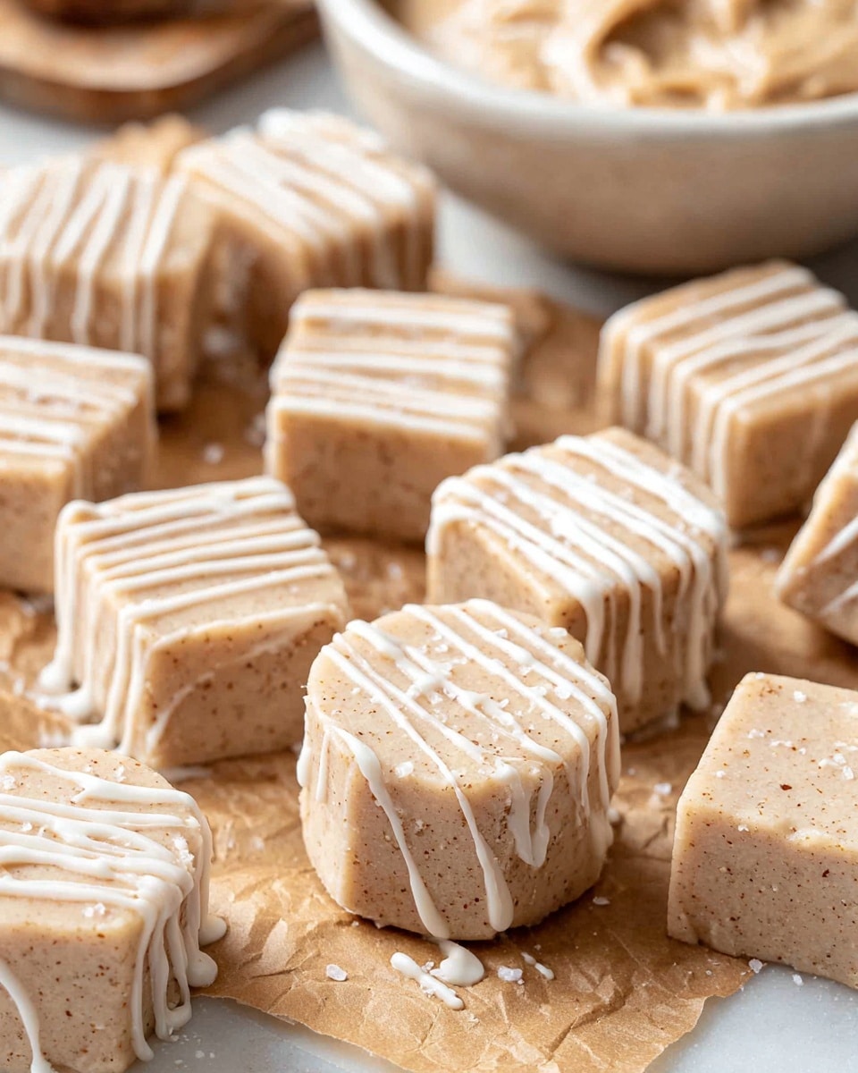 The image shows a group of small, soft-looking pieces of fudge on a sheet of brown parchment paper, placed on a white marbled surface. Each piece is roughly square or round with a light beige color speckled with tiny darker dots. They are decorated with glossy white icing drizzled in parallel lines across the top and slightly dripping down the sides. The fudge pieces appear thick and creamy with a smooth texture, and there is a bowl in the background filled with a similar beige mixture. The scene is bright and clear, with a homemade, cozy feel. photo taken with an iphone --ar 4:5 --v 7