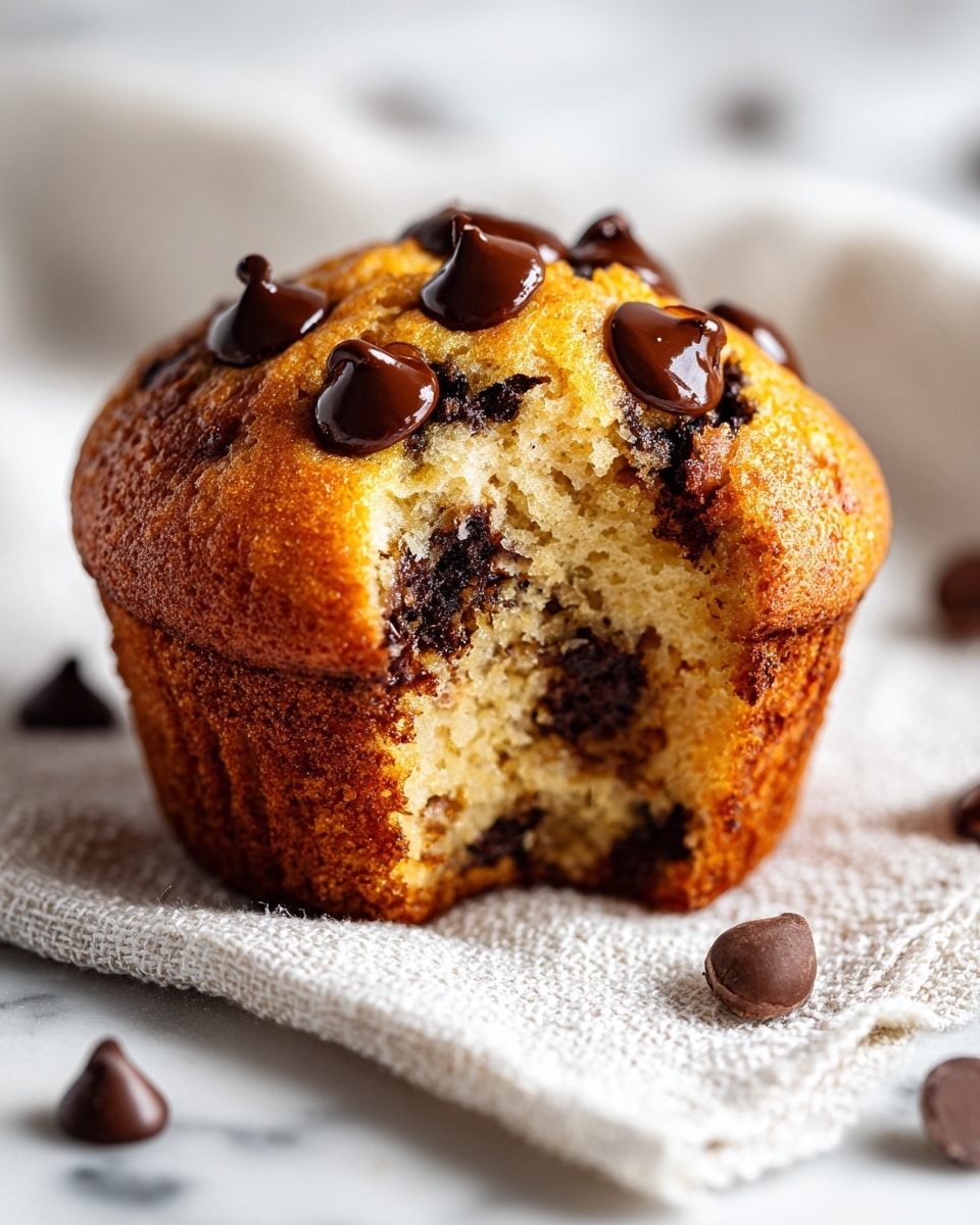 The image shows a close-up of a single chocolate chip muffin with a bite taken out of it, revealing a soft and moist interior filled with evenly distributed dark chocolate chips. The top layer is golden-brown with a slightly crisp texture and is studded with glossy, melted chocolate chips that stand out against the light brown muffin surface. The muffin sits on a white textured cloth with a few scattered chocolate chips around it, all set against a blurred white marbled background. Photo taken with an iphone --ar 4:5 --v 7