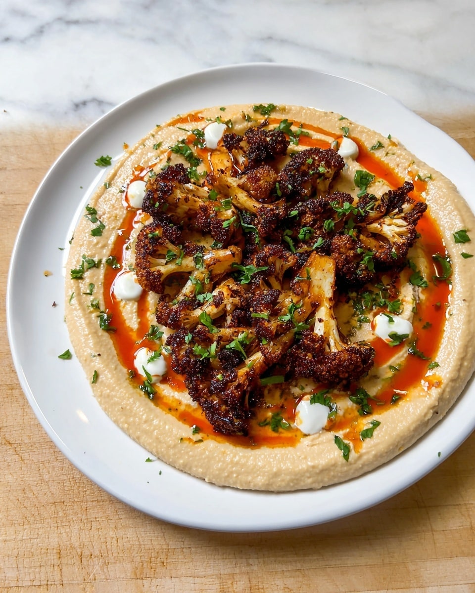 A white plate holds a single layer of smooth, creamy beige hummus spread evenly in a circle. On top, there is a layer of dark brown grilled cauliflower florets with crispy edges, arranged to cover most of the hummus. Bright orange-red sauce is drizzled in a ring near the edge of the hummus, adding contrast. Small dollops of white sauce are scattered over the cauliflower. Lastly, green chopped herbs are sprinkled over the whole dish, adding a fresh touch. The plate is set on a white marbled surface. photo taken with an iphone --ar 4:5 --v 7