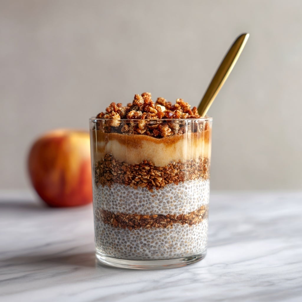 A clear glass contains a layered chia pudding dessert with three visible layers: the bottom and middle layers are creamy light gray chia pudding with speckled texture, while the second and fourth layers are soft cooked apple pieces coated in cinnamon syrup, giving a warm golden brown color. The dessert is topped with a generous pile of chopped walnuts in pale beige and light brown hues. A gold spoon is inserted into the glass on the left side. Around the glass, scattered chopped walnuts and whole red apples with yellow highlights sit on a white marbled surface. photo taken with an iphone --ar 4:5 --v 7