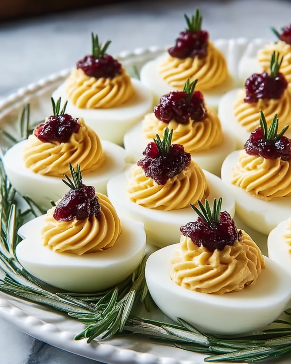 A white plate filled with many deviled eggs, each cut in half with smooth white egg whites forming the base layer. On top, a thick swirl of creamy yellow yolk mixture creates the second layer, neatly piped in a spiral shape. Each deviled egg is topped with a small dollop of dark red cranberry sauce, adding a bright contrast as the third layer, along with a small green rosemary sprig standing upright in each serving. Extra sprigs of rosemary lie along the edge of the plate. The scene is set against a white marbled textured surface. Photo taken with an iphone --ar 4:5 --v 7