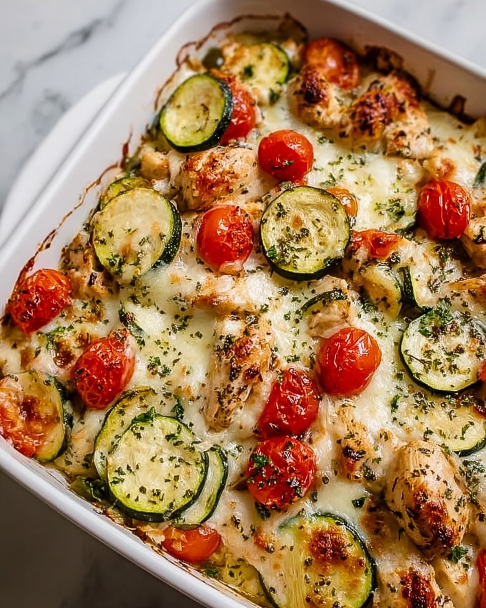 The image shows a baked dish in a white rectangular ceramic baking dish placed on a white marbled surface. The dish has several layers, starting with a base layer of cooked chicken pieces, topped with thin slices of green zucchini spread evenly over the chicken. Over the zucchini, there is a melted cheese layer that is golden brown in spots, showing a crispy texture. Some bits of diced tomatoes and herbs are scattered across the cheese, adding small pops of red and green color. The dish looks hot and freshly baked, with the cheese bubbly and slightly oily on the edges. Photo taken with an iphone --ar 4:5 --v 7