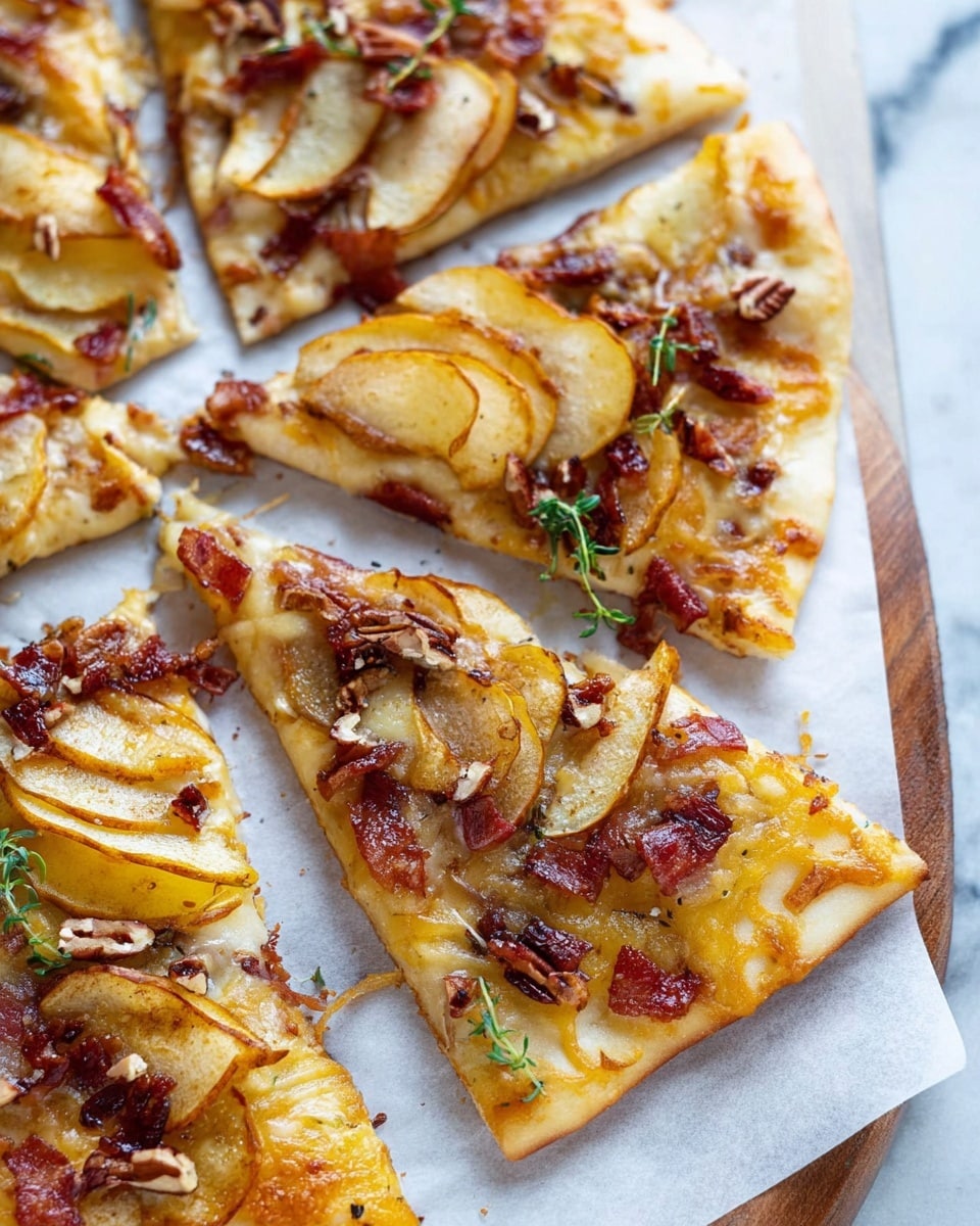 The image shows several thin slices of pizza on white parchment paper over a wooden board, placed on a white marbled surface. The pizza has a golden-brown crust with a slightly crispy edge. On top, there are soft, caramelized yellow and brown apple slices neatly layered, sprinkled with small chunks of reddish-brown bacon bits and broken pieces of pecans. A few sprigs of fresh green herbs are scattered on top, adding a touch of color. The melted cheese underneath is light golden and slightly bubbly, visible around the edges and between the toppings, creating a rich texture contrast. Photo taken with an iphone --ar 4:5 --v 7
