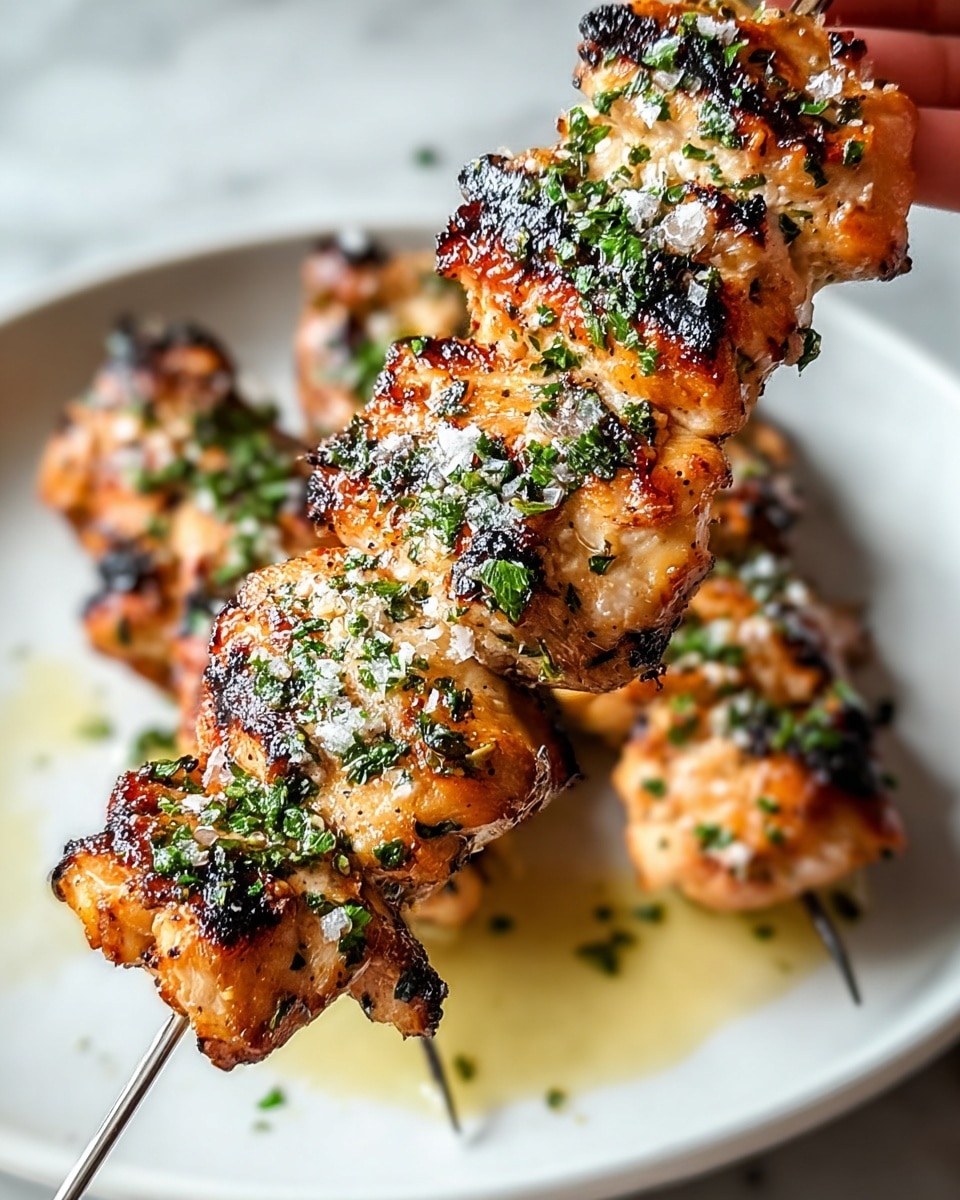 The image shows grilled chicken skewers on a white plate, placed on a white marbled surface. The skewers have three layers of chicken pieces that are golden brown with some charred black spots, showing a crispy texture. Each chicken piece is sprinkled with finely chopped green herbs and coarse, white salt crystals. There is a light glossy oil coating around the skewers on the plate, and the focus is on the front piece being held by a woman's hand with metal skewers piercing through the meat. Photo taken with an iphone --ar 4:5 --v 7
