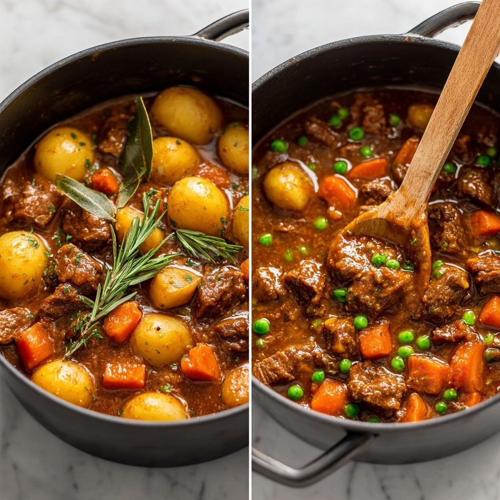 The image shows two close-up views of a beef stew in a black pot, placed on a white marbled surface. The stew has chunky pieces of tender beef mixed with bright orange carrot slices, small round yellow potatoes, and onions in a thick brown sauce. A green rosemary sprig and bay leaves float on top in the left image. In the right image, a wooden spoon stirs the stew, revealing more pea-sized green peas and the sauce has thickened to a glossy texture. The vegetables and beef are spread evenly throughout the mixture, creating a rich, hearty look. photo taken with an iphone --ar 4:5 --v 7