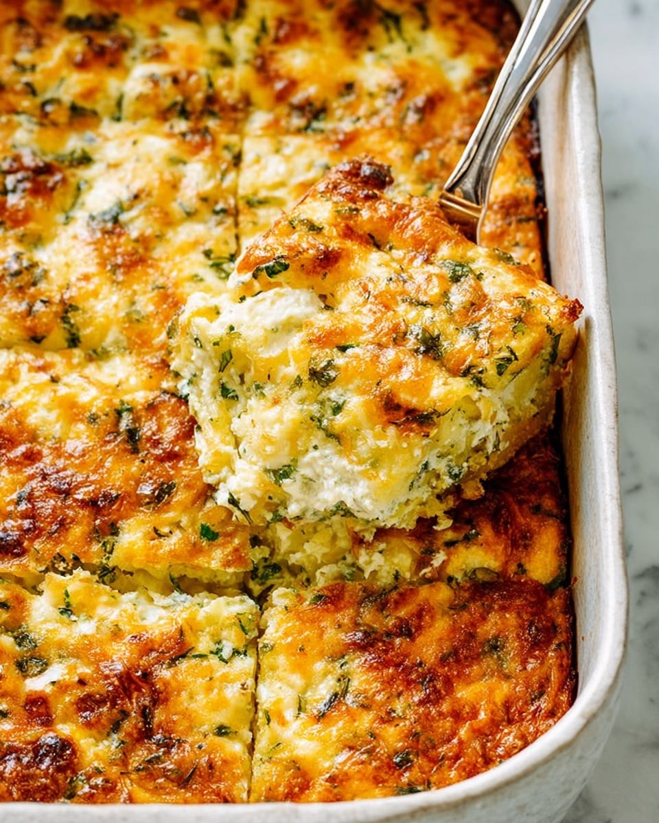 A close-up view of a cheesy baked dish cut into square pieces inside a white rectangular baking dish. The dish has a golden-brown crispy top layer with melted cheese that is bubbly and slightly browned in spots. Underneath the top layer, there are visible bits of green herbs mixed with a creamy white filling, likely ricotta or cottage cheese. The texture looks soft and slightly chunky with a few browned edges, and there is a silver serving spoon lifting one piece out, showing the layers clearly. The white marbled background contrasts with the warm tones of the food, making the dish look fresh and inviting. Photo taken with an iphone --ar 4:5 --v 7