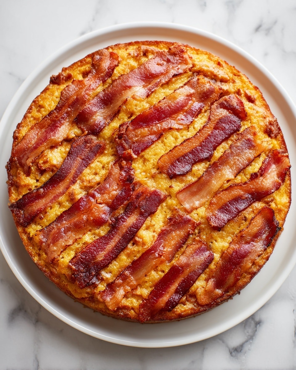 A round baked dish sits on a white plate against a white marbled texture, showing a top layer made of evenly arranged strips of cooked bacon that are reddish-brown with a slightly crispy texture. Below the bacon strips, the main body of the dish has a golden brown color with a lightly uneven, slightly crumbly texture that looks like a baked savory cake or bread. The edges are rounded and smooth, rising slightly from the plate, holding the bacon strips neatly on top. photo taken with an iphone --ar 4:5 --v 7