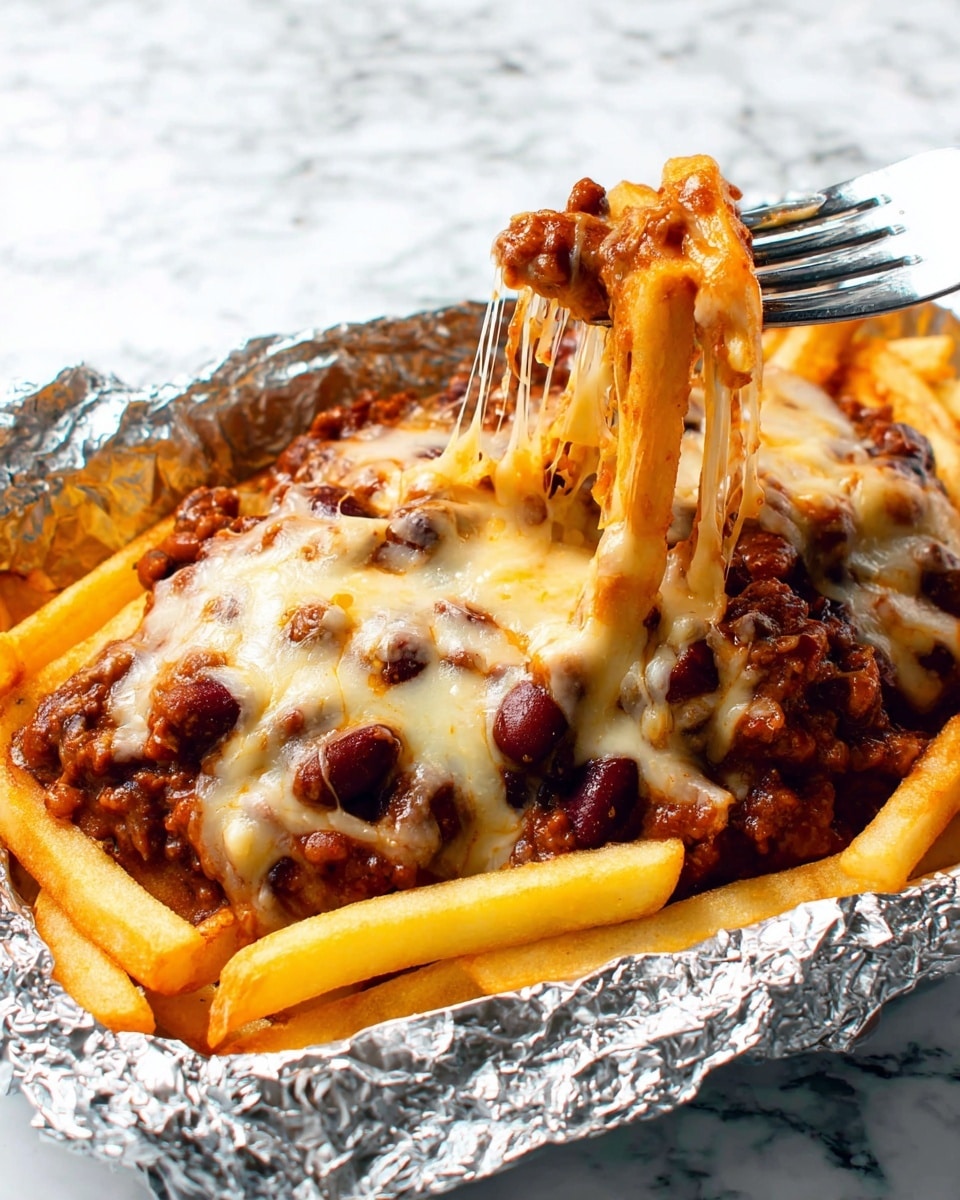 A foil-lined serving dish holds a layered dish starting with a base of golden yellow French fries, topped with a thick layer of dark reddish-brown chili with visible kidney beans, covered by melted cheese that is creamy white with patches of light orange, all slightly browned in spots. A silver fork is lifting some fries from underneath the chili and cheese. The background is a white marbled texture. Photo taken with an iphone --ar 4:5 --v 7