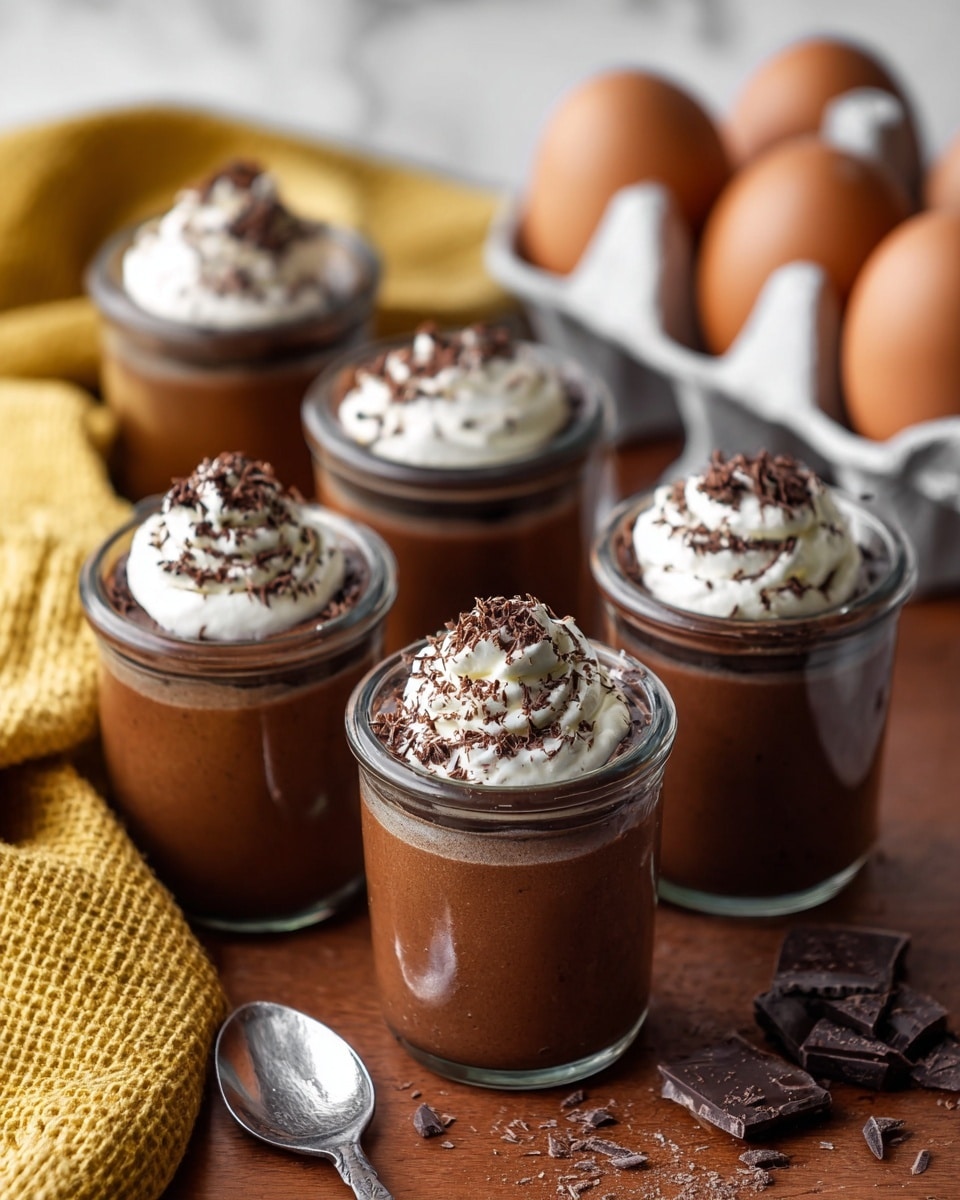 The image shows four small glass jars filled with a dark brown chocolate mousse that has a smooth, slightly airy texture. Each jar has a generous swirl of white whipped cream on top, sprinkled with dark chocolate shavings. The jars are placed closely together on a wooden table with some chocolate pieces and a silver spoon beside them. In the background, there is a carton of brown eggs and a yellow textured cloth, all set against a white marbled surface. photo taken with an iphone --ar 4:5 --v 7