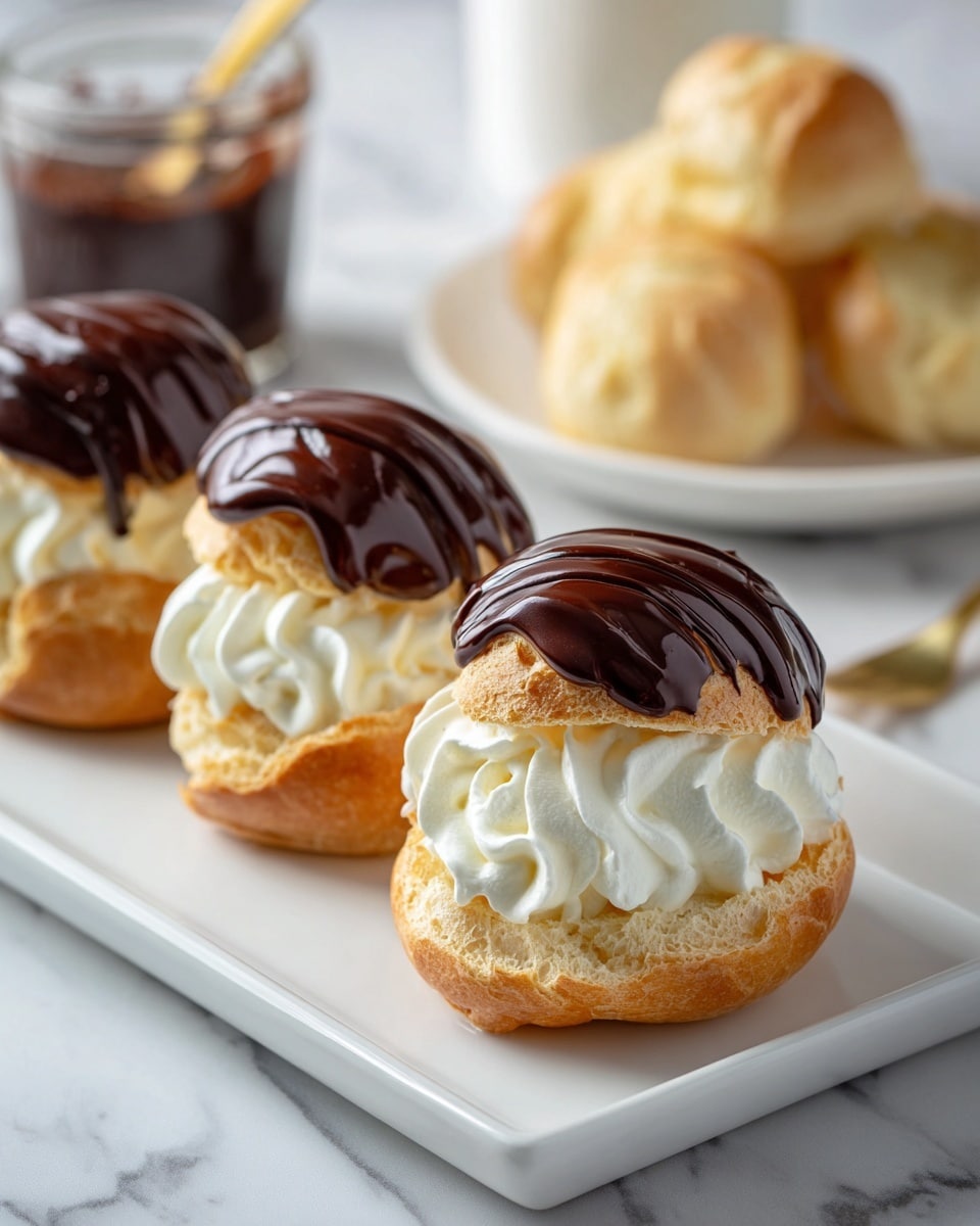 The image shows three cream puffs on a white rectangular plate, each with a golden brown pastry shell cut in half and filled with thick, white swirled whipped cream. The top half of each puff is placed slightly tilted on the cream and is covered with a shiny layer of dark chocolate glaze, creating a smooth and glossy finish. The background features a white marbled texture surface with a blurred jar of chocolate sauce and a white plate holding two plain cream puffs, giving depth to the scene. photo taken with an iphone --ar 4:5 --v 7