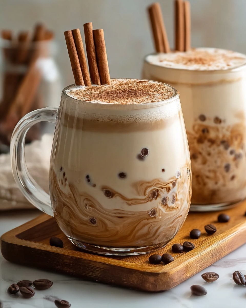 The image shows two clear glass mugs filled with a creamy, layered drink. The bottom layer is light brown with swirling patterns mixing into the thick, pale beige top layer. On the surface, there is a dusting of cinnamon or cocoa powder scattered unevenly. Each drink is topped with two cinnamon sticks standing upright. The mugs sit on a wooden tray, with a few coffee beans scattered around. The background features a white marbled surface and blurred elements that add warmth to the scene. photo taken with an iphone --ar 4:5 --v 7