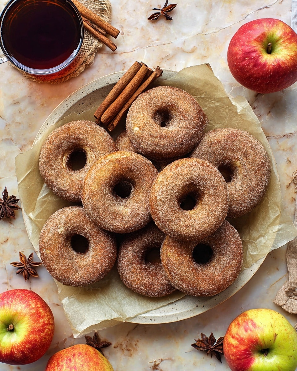 A round white plate lined with light beige parchment paper holds nine cinnamon sugar doughnuts arranged in a slightly overlapping pile, each doughnut coated with a fine layer of cinnamon sugar giving them a warm brown color and granulated texture. Two cinnamon sticks rest on the left side of the plate among the doughnuts. Around the plate on a white marbled surface, there are whole star anise pods scattered, a few cinnamon sticks, and two red and yellow apples placed diagonally from each other. In the top left corner, a glass cup filled with dark tea and a cinnamon stick inside adds a warm, cozy touch. photo taken with an iphone --ar 4:5 --v 7