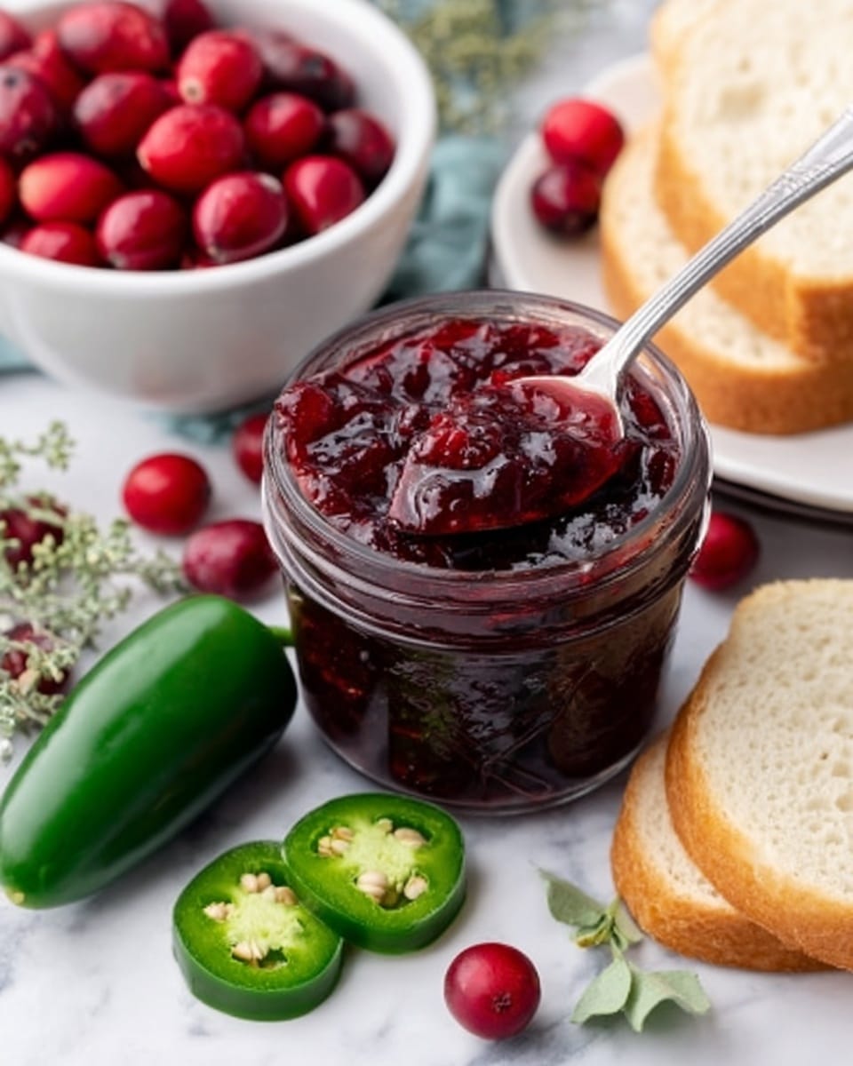 The image shows a small glass jar filled with thick, dark red jam with visible chunks of fruit, positioned in the center on a white marbled surface. To the left of the jar, two green jalapeño peppers rest on the surface, with one sliced open showing its seeds. Behind the jar, a white bowl holds bright red cranberries and a sprig of green leaves. To the right, a white plate holds two slices of plain bread, one partially visible. A woman's hand holds a silver spoon dipped in the jam, poised over the jar. The overall scene is colorful, fresh, and neatly arranged, with the jam as the focal point. Photo taken with an iphone --ar 4:5 --v 7