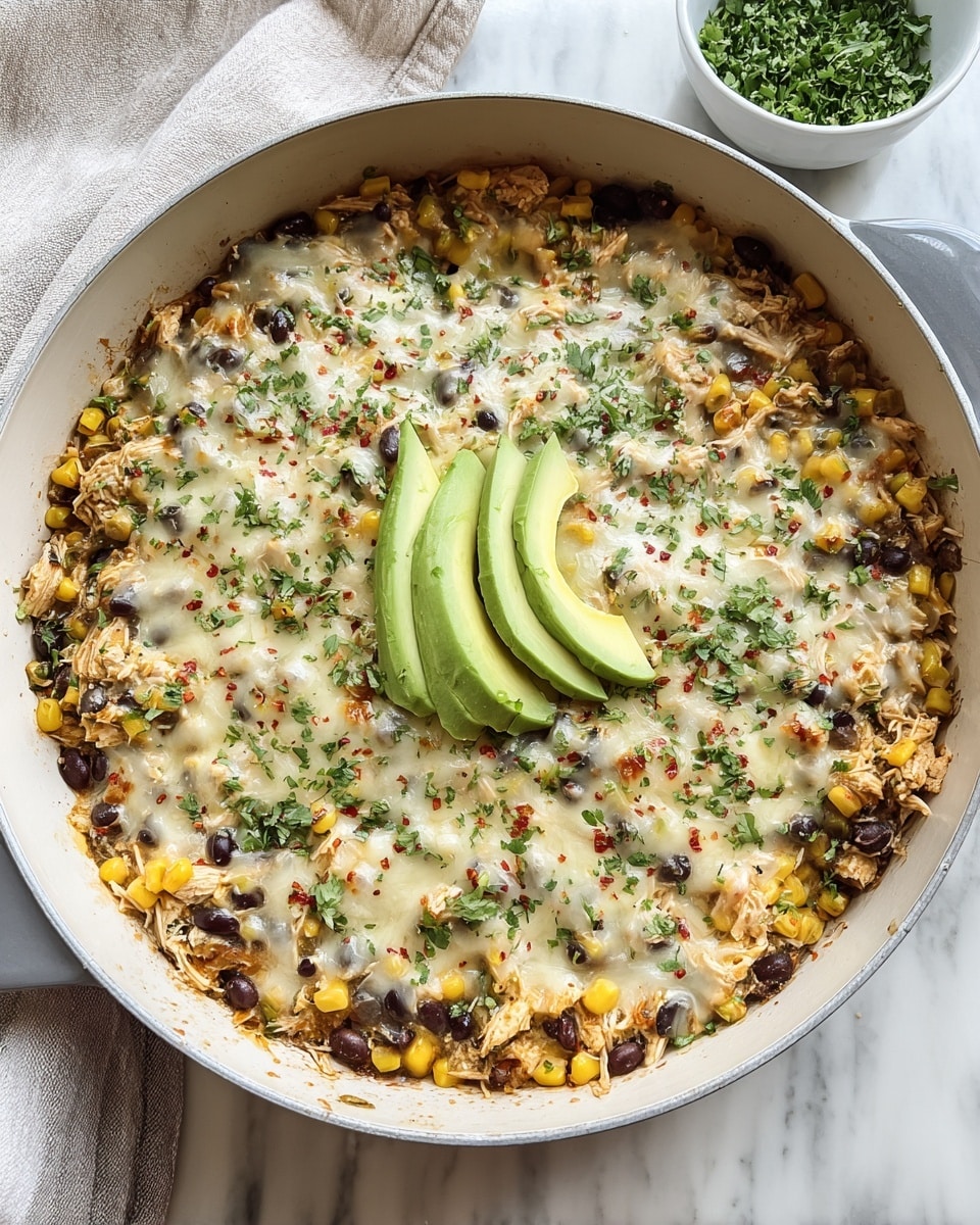 A large white pan filled with a layered dish starting with a mixed base of shredded chicken, black beans, and yellow corn, all covered with melted white cheese that covers the top evenly. Two slices of avocado are placed on the cheese, each topped with red pepper flakes and finely chopped green herbs sprinkled across the whole dish. The pan is set on a wooden board with a white cloth to the side and a small bowl of chopped herbs in the background, with a window showing greenery outside. Photo taken with an iphone --ar 4:5 --v 7