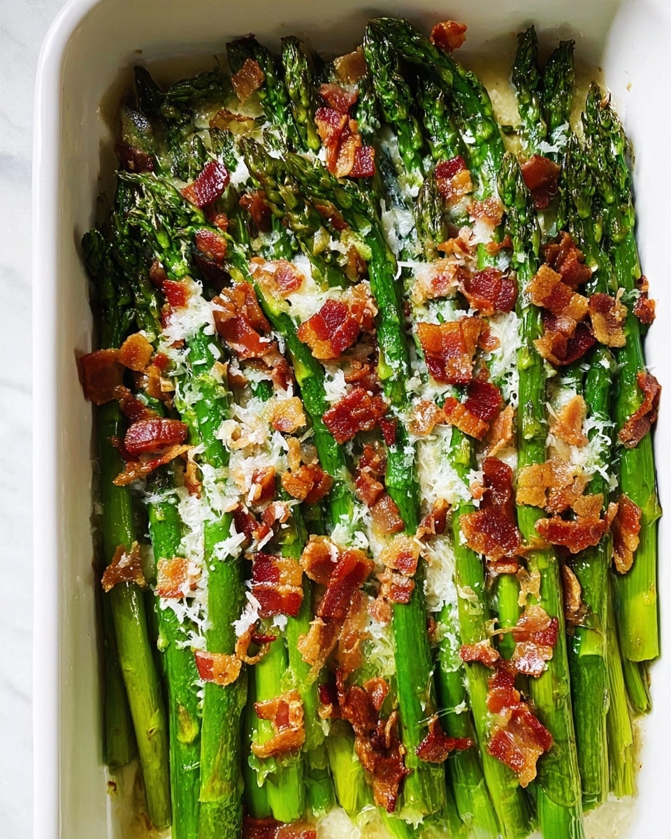 The image shows a black oval dish filled with cooked green asparagus stalks arranged side by side, topped with small pieces of crispy browned bacon and melted light yellow cheese scattered unevenly across the asparagus. The asparagus tips are darker green, slightly charred, and the bacon pieces add a reddish-brown crispy texture contrasting with the softened green stalks. The dish is set on a white marbled surface with a white bowl of golden yellow oil and a white bowl of ground black pepper placed nearby, with part of a woman's hand visible on the left edge holding the dish. photo taken with an iphone --ar 4:5 --v 7