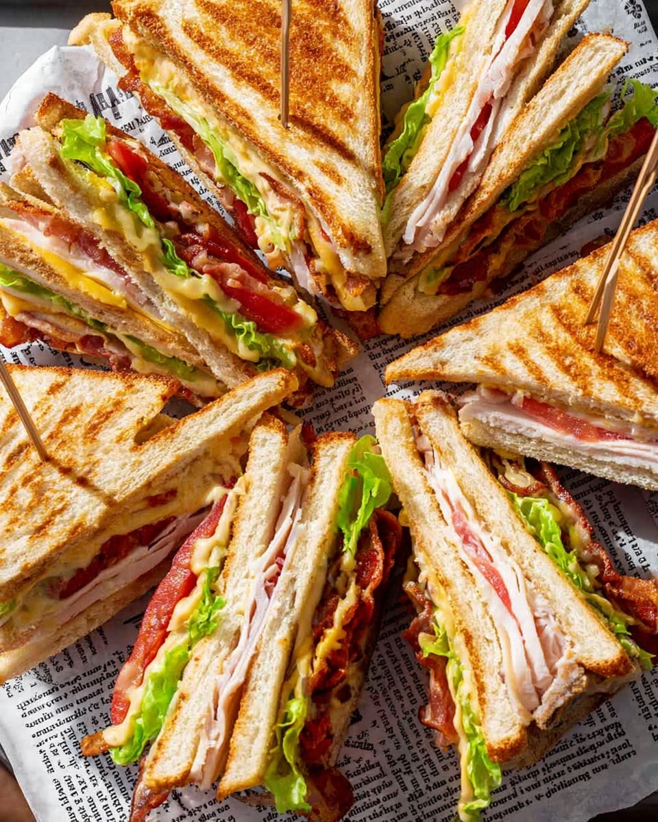 A top view of multiple grilled club sandwich triangles placed on white paper with printed text, arranged closely together on a white marbled surface. Each sandwich has three visible layers of toasted bread with dark grill marks, filled with layers of light green lettuce, bright red tomato slices, pale turkey slices, crispy reddish bacon, and pale yellow cheese. The sandwiches are held together with small wooden skewers, and their fillings show a mix of crunchy and soft textures. Photo taken with an iphone --ar 4:5 --v 7