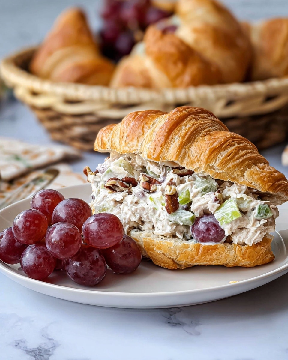 A flaky, golden-brown croissant is sliced in half horizontally and filled with a chunky chicken salad mixture that includes white shredded chicken, creamy dressing, small pieces of green celery, halves of purple-red grapes, and bits of pecans, making a thick, textured middle layer. The croissant and filling sit on a plain white plate, accompanied by a small cluster of shiny, red grapes on the left side. In the background, there is a woven basket with more croissants and grapes, all set on a white marbled surface. photo taken with an iphone --ar 4:5 --v 7