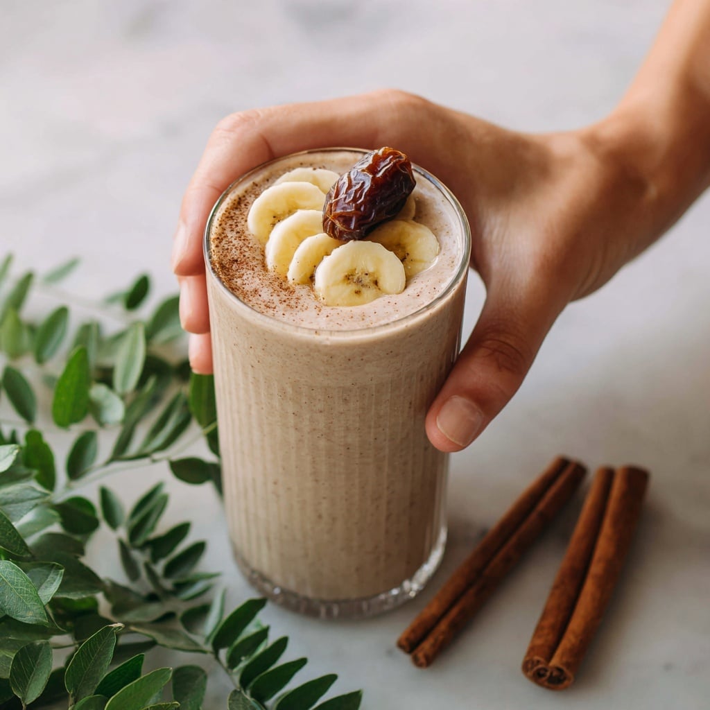 A clear glass filled with a creamy, light beige smoothie that has a smooth texture with tiny specks throughout, topped with a sprinkle of cinnamon and a few oats or small pieces. The glass sits on a white marbled surface, surrounded by vibrant green leaves and brown cinnamon sticks scattered around, adding a natural and fresh look. Photo taken with an iphone --ar 4:5 --v 7