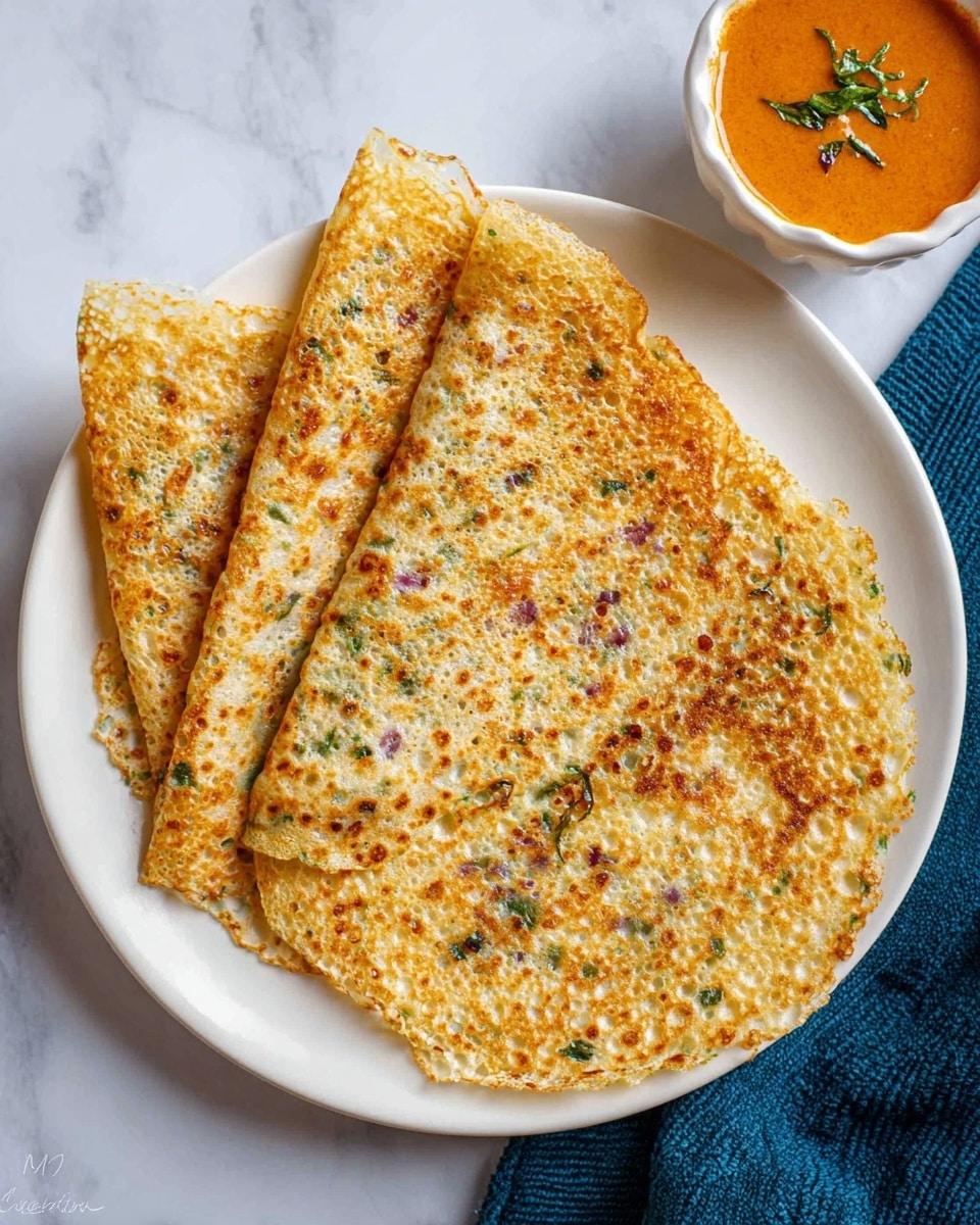 The image shows three thin, folded crepes placed side by side on a white plate with a slight raised edge. The crepes have a golden-brown color with small holes on the surface and spots of green and purple, indicating herbs and onions mixed into the batter. The texture looks crispy around the edges and soft in the middle. In the top right corner, there is a small white bowl filled with a smooth orange sauce garnished with green herbs. The plate rests on a white marbled surface with a dark blue cloth partially underneath the plate. photo taken with an iphone --ar 4:5 --v 7
