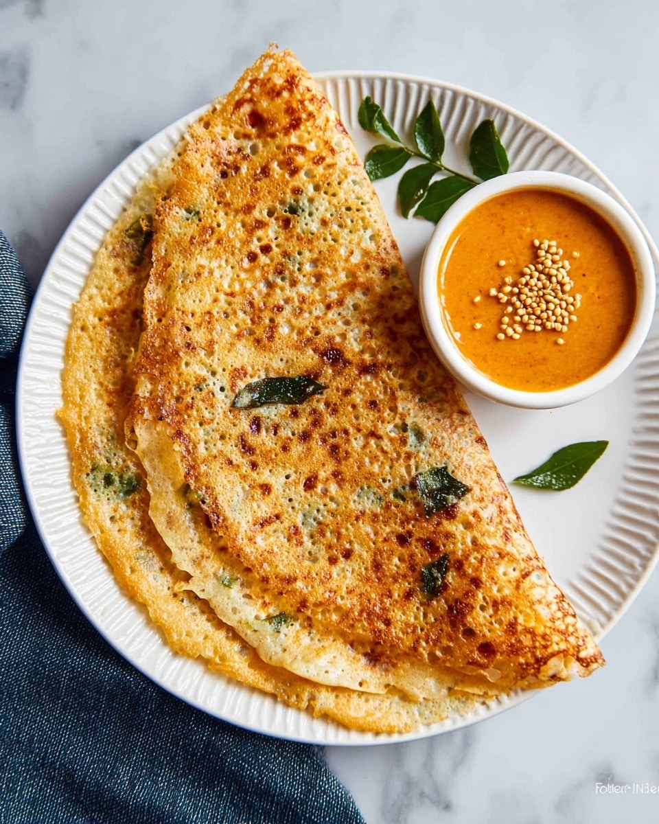 Two thin, golden brown crepes with specks of green and small holes cover most of a white plate with a textured rim. They are folded in half and layered so that the top crepe partially covers the bottom one, showing a lacy, slightly crispy surface with darker spots. To the side, a small white bowl holds a smooth, bright orange sauce topped with mustard seeds and fresh green curry leaves. The scene is set on a white marbled surface, with a folded dark blue cloth partially visible near the plate. photo taken with an iphone --ar 4:5 --v 7