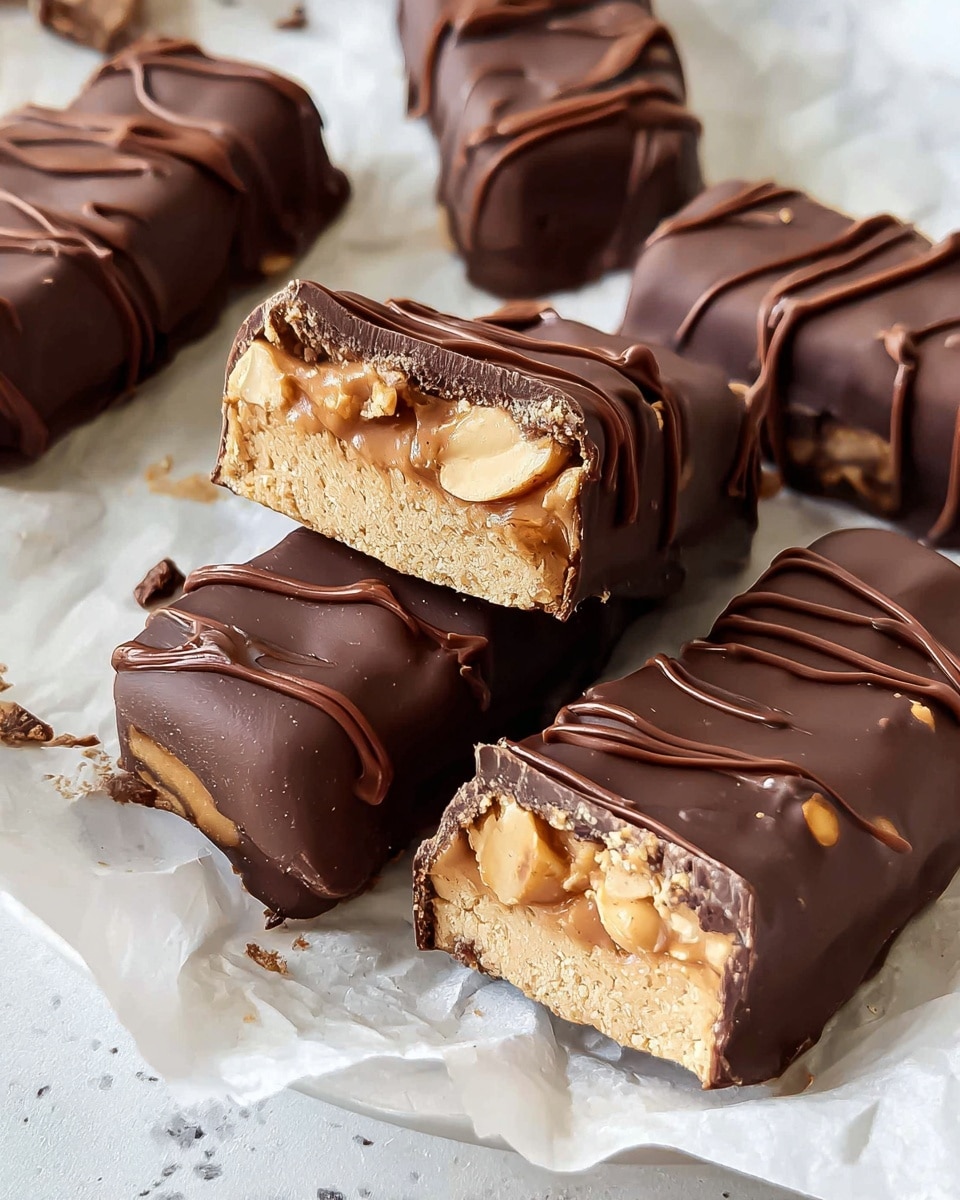 The image shows several chocolate-covered bars resting on white parchment paper with a white marbled texture underneath. Each bar has three visible layers: the top and outer layer is a dark brown smooth chocolate coating with light chocolate drizzle lines over it; inside, the middle layer has crunchy-looking peanuts embedded in a creamy caramel-colored filling; the bottom layer is a dense, light tan base, likely a cookie or nougat. One bar is cut in half, standing upright to clearly show the layers and textures inside, while the other bars lay flat around it. Photo taken with an iphone --ar 4:5 --v 7