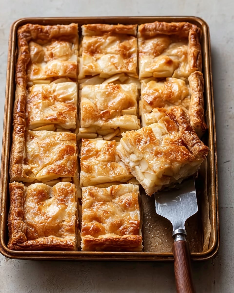The image shows a rectangular apple pie cut into twelve square pieces on a metal baking tray, placed on a white marbled textured surface. The pie has a golden brown, flaky crust that forms a thick border around the edges. Underneath the crust layer, there are visible thin slices of baked apples stacked in two layers. The top crust is slightly shiny with a textured, uneven surface, showing crisp flaky layers in light to medium golden tones. A metal spatula with a dark brown wooden handle is lifting one piece from the bottom right corner. The whole scene is simple and warm, highlighting the pie's inviting texture and color. photo taken with an iphone --ar 4:5 --v 7