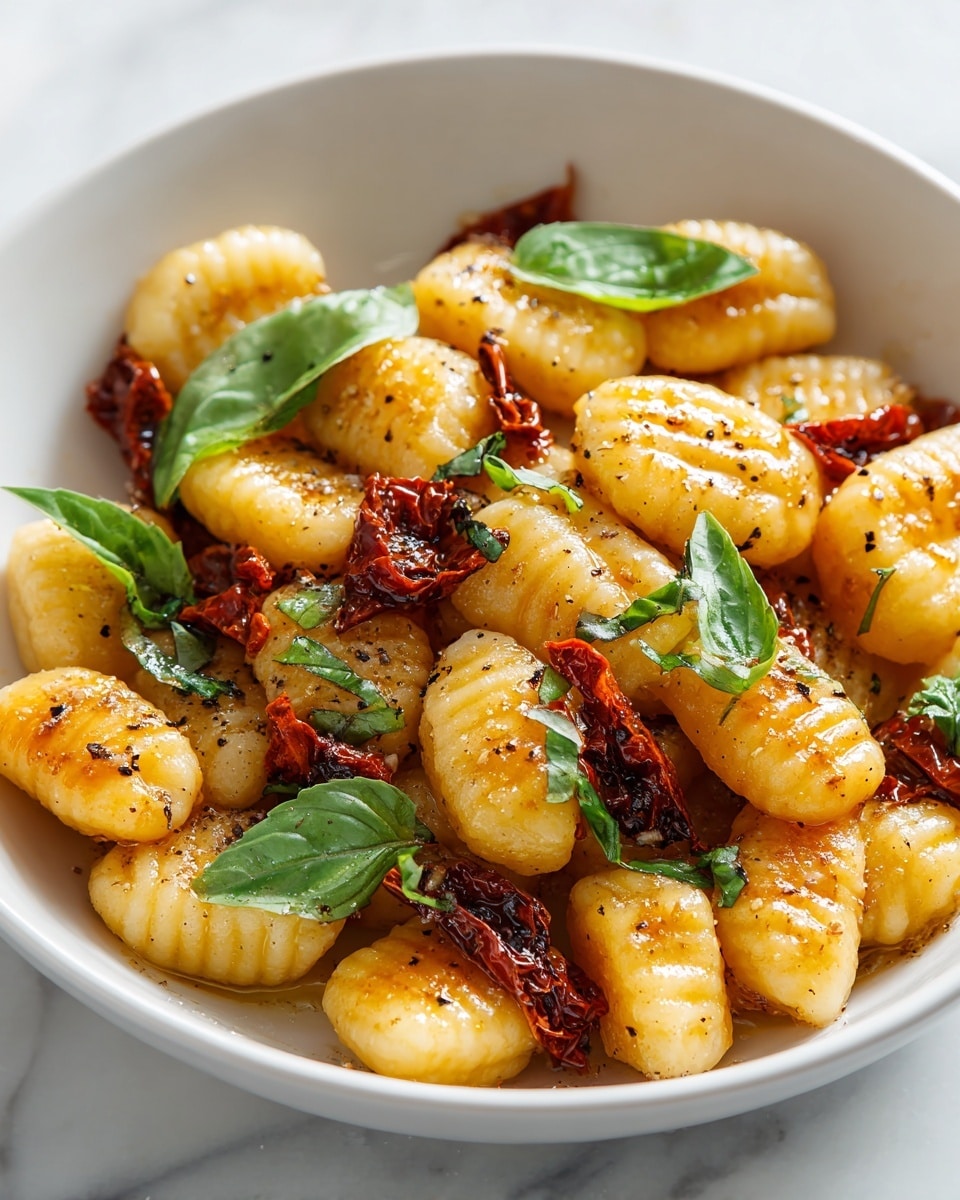 A white bowl filled with a single layer of golden-brown gnocchi that have a slightly crispy texture on the outside, each piece showing small ridges. Scattered among the gnocchi are dark red, wrinkled sun-dried tomato pieces, adding a rough contrast. Fresh bright green basil leaves are placed on top, standing out with their smooth texture. The dish is lightly coated with oil and sprinkled with black pepper, giving it a shiny and speckled look. The bowl is set on a white marbled surface. photo taken with an iphone --ar 4:5 --v 7