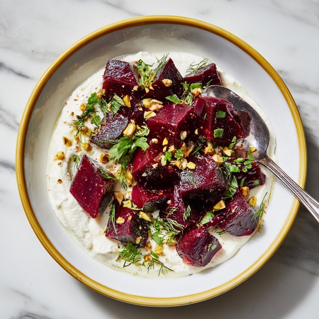 The image shows a dish on a white plate with a yellow rim placed on a white marbled surface. The dish has two main layers—the first layer is creamy and white, spread evenly across the plate. On top, there is a thick layer of dark red-purple beet pieces, cut roughly. This beet layer is scattered with green fresh herbs and small golden-brown crunchy nuts or seeds. A silver spoon is placed on the right side of the plate, resting partially on the food. Photo taken with an iphone --ar 4:5 --v 7