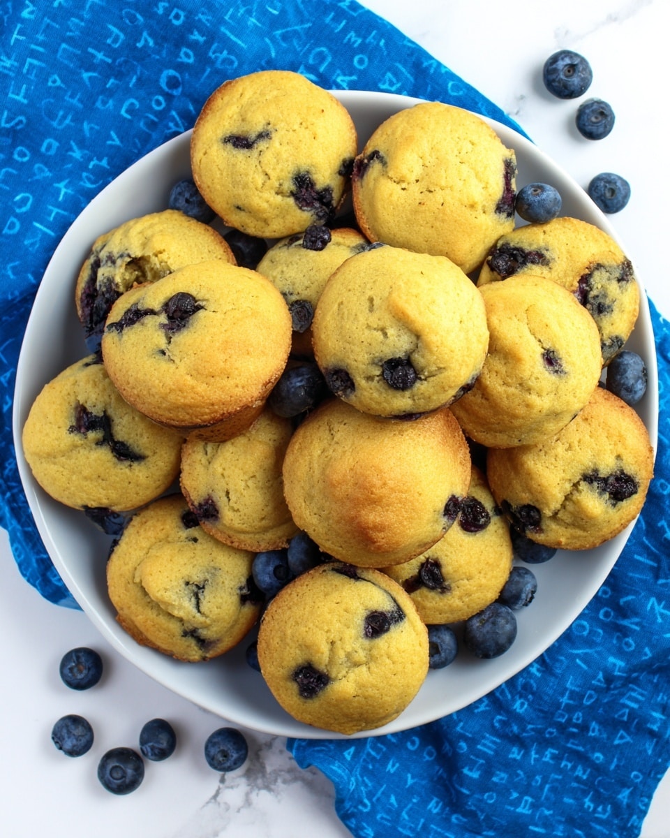 A white plate filled with around sixteen small, round muffins that are golden yellow with dark blue spots of blueberries baked inside and on top. The muffins have a slightly rough texture with some browning on the edges. The plate rests on a bright blue cloth with small scattered letters, placed on a white marbled surface. Fresh blueberries are scattered around the plate. photo taken with an iphone --ar 4:5 --v 7